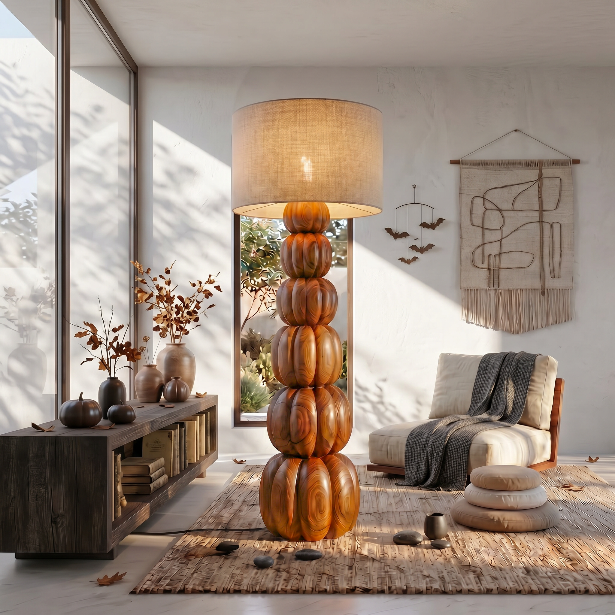 Rustic Floor Lamp With Stacked Pumpkin Wood Base For Living Room SINLSAFLP124