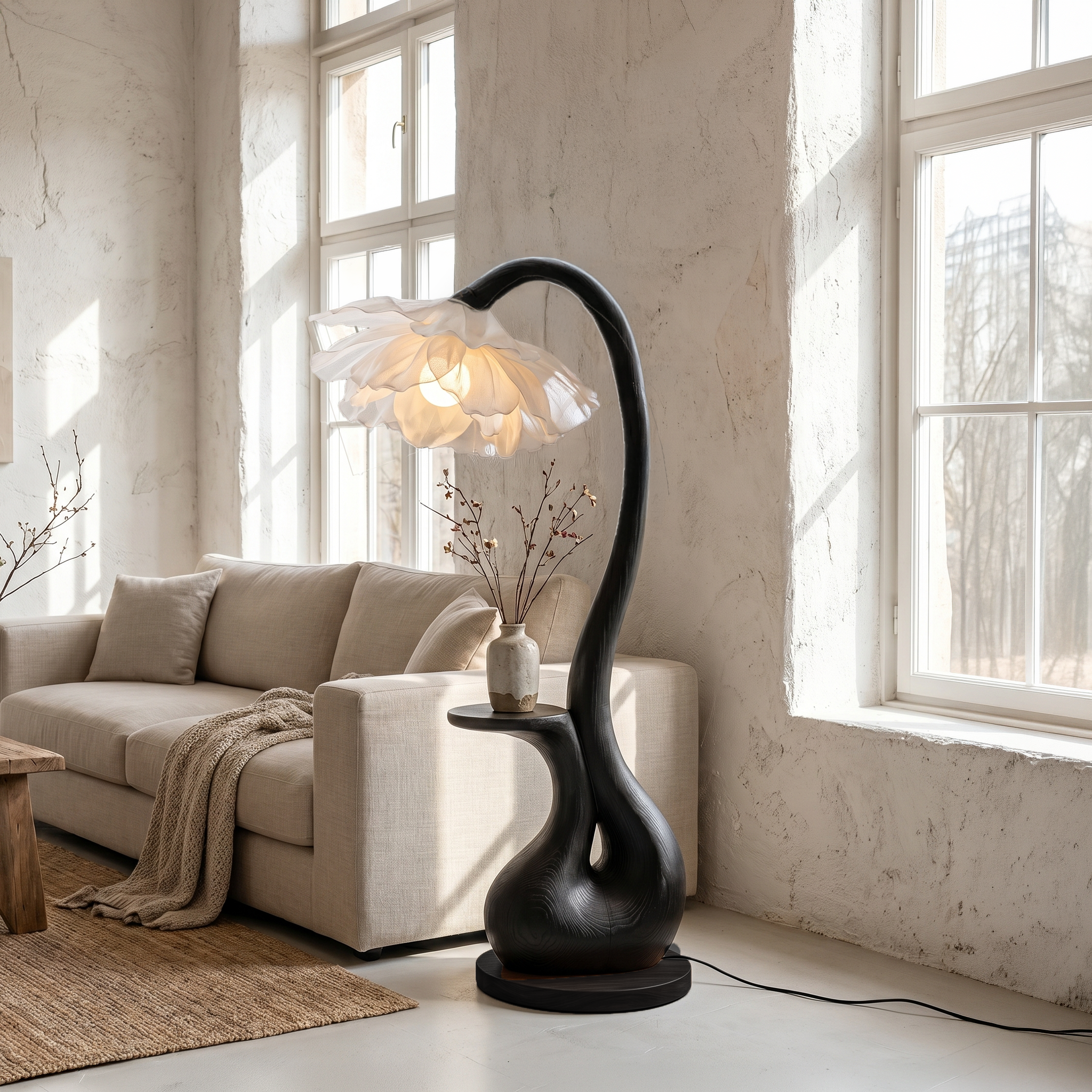 Modern Floor Lamp With Sculptural Curved Base And Display Shelf For Living Room SINLSAFLP128