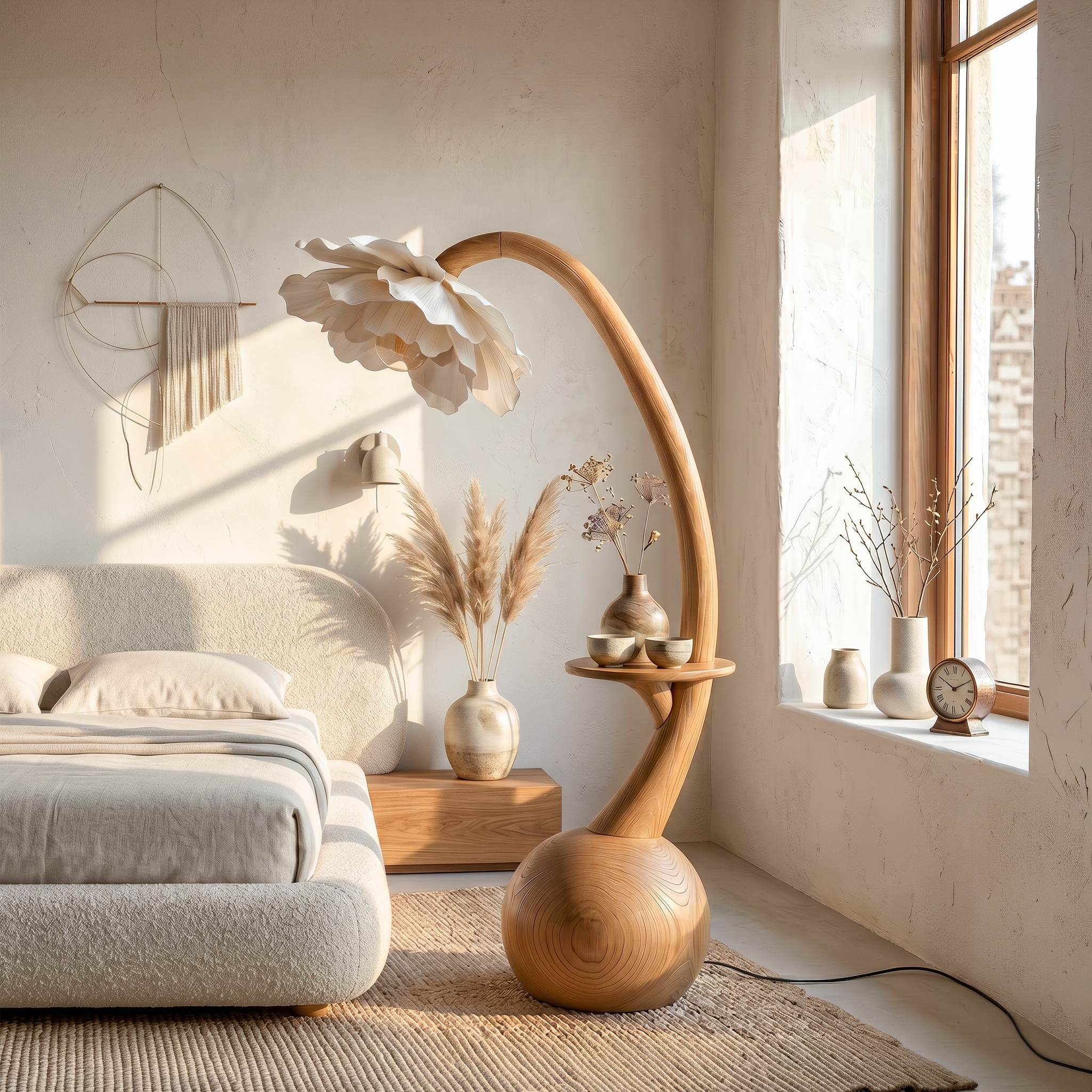 Sculptural Floor Lamp With Built In Shelf And Floral Shade For Living Room SINLSAFLP129