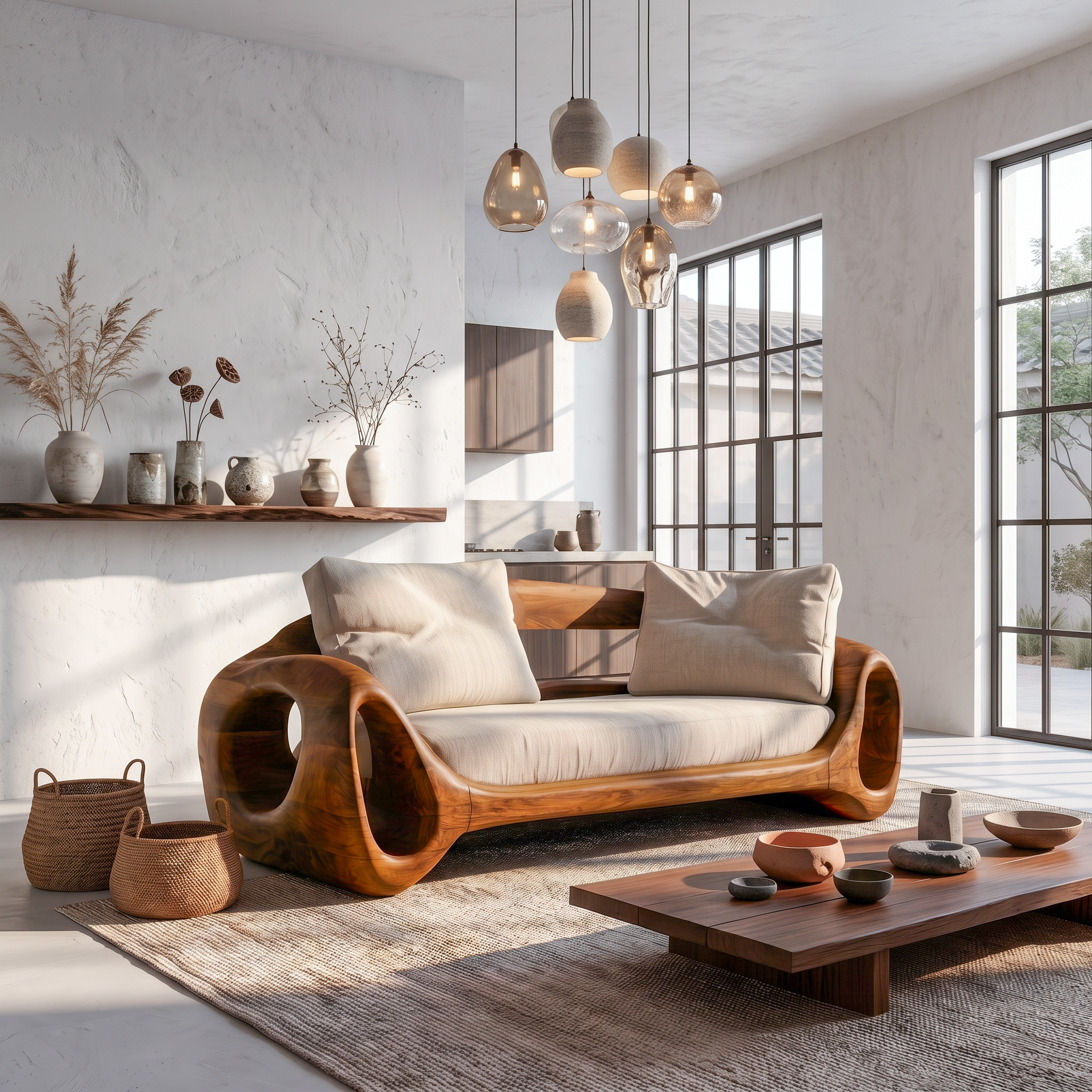 Organic Sofa Frame With Sculptural Circular Armrests For Living Room SINLSASF030