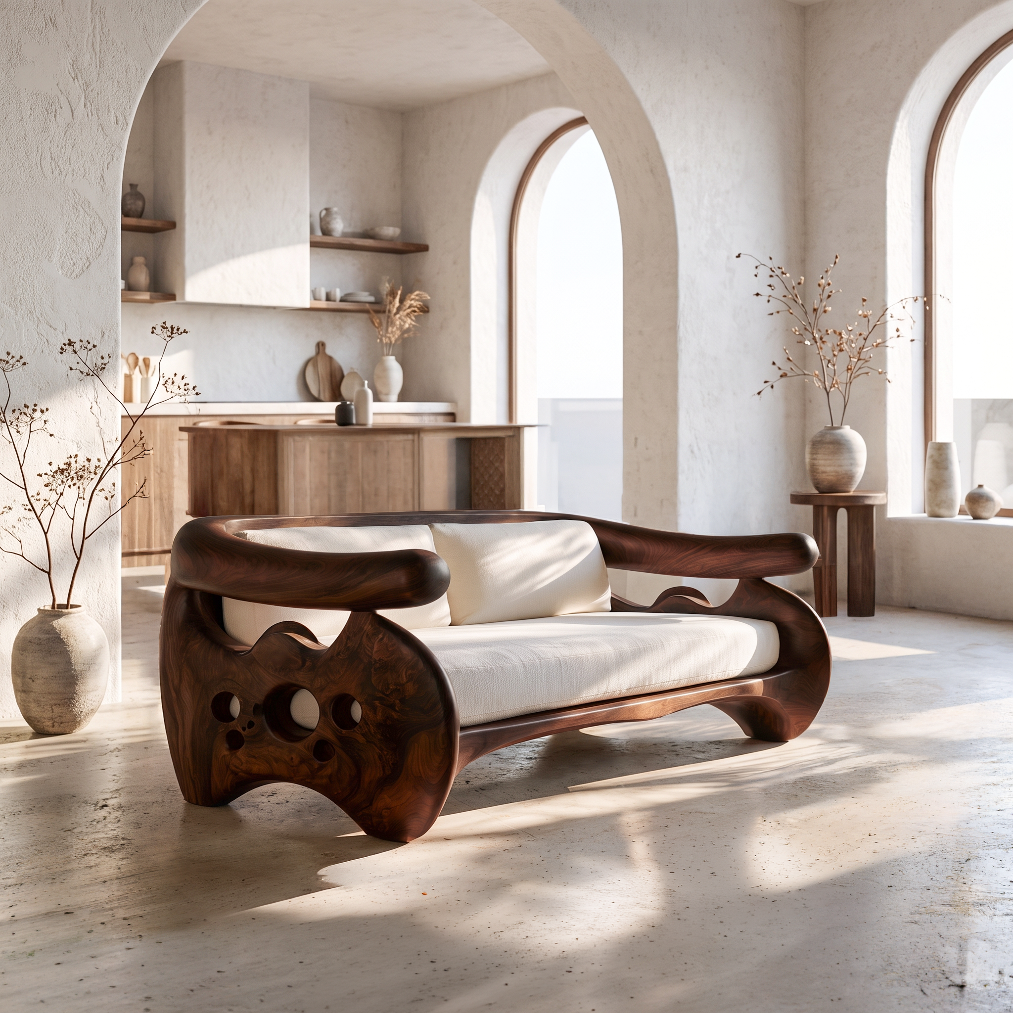 Organic Curved Sofa With Sculptural Wooden Base For Living Room SINLSASF038