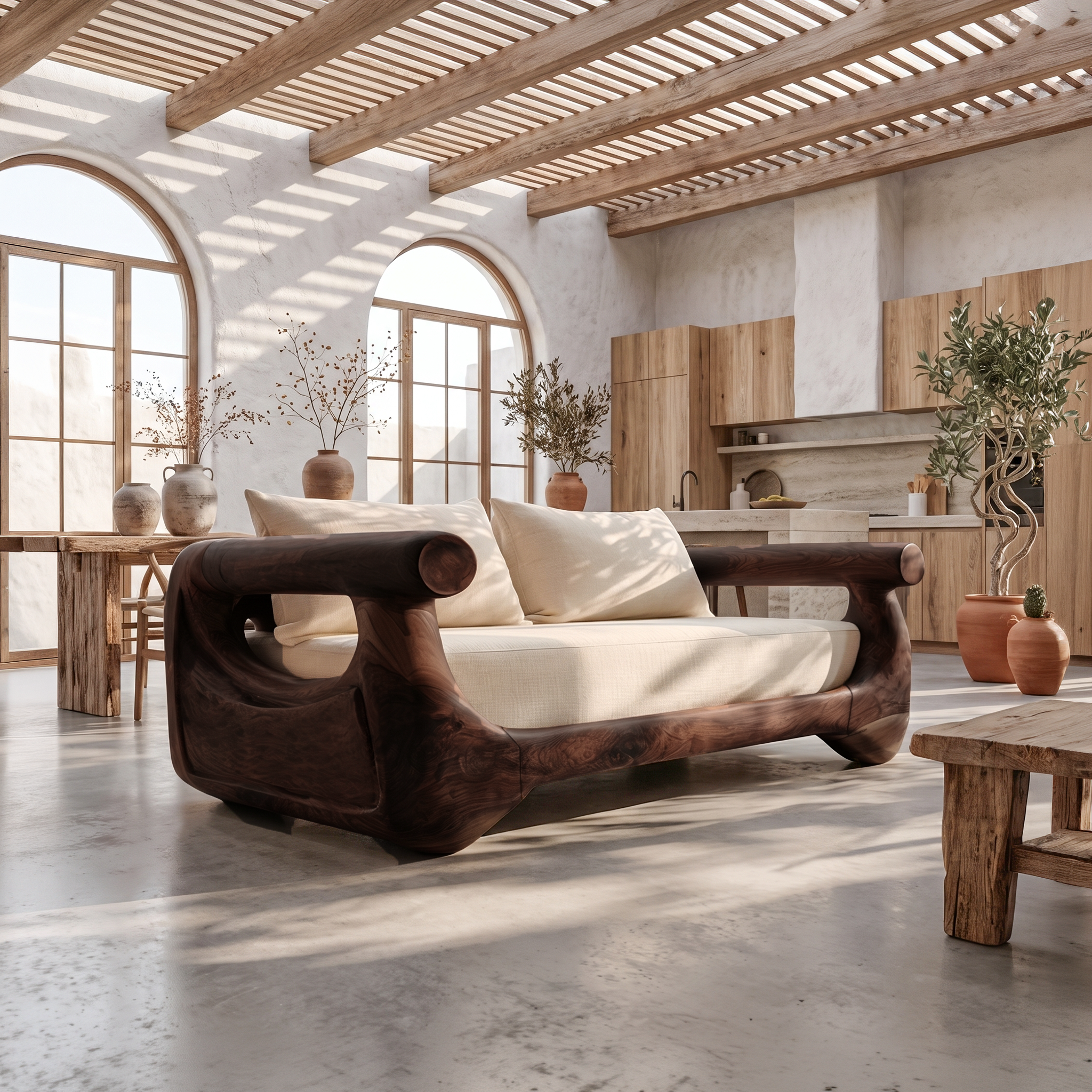 Modern Sofa With Sculptural Perforated Wood Frame For Living Room SINLSASF041