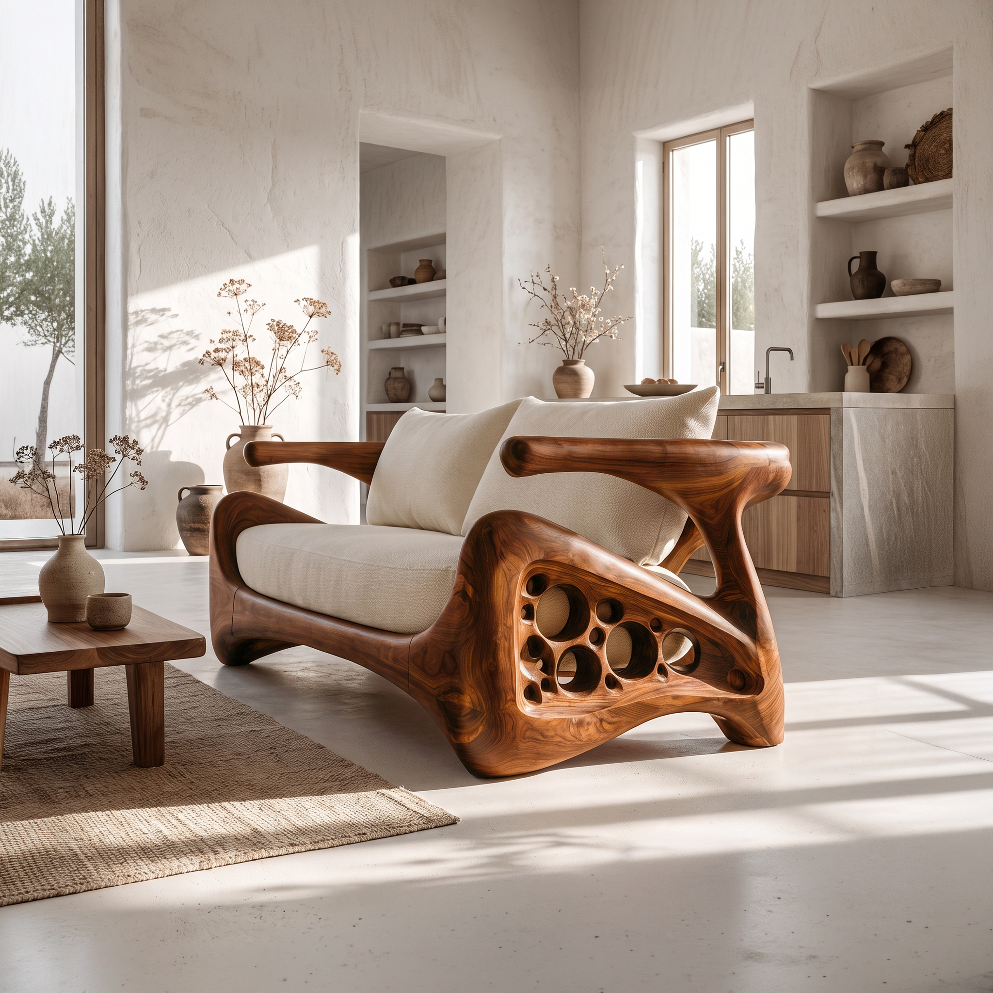 Natural Sofa Frame With Bold Sculptural Armrests For Living Room SINLSASF045