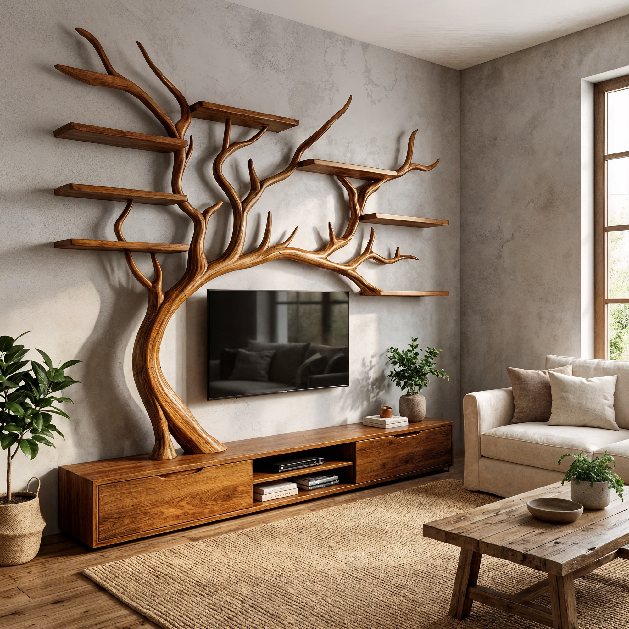 Rustic Tree TV Shelf Organic Home Decor SINLKITB554