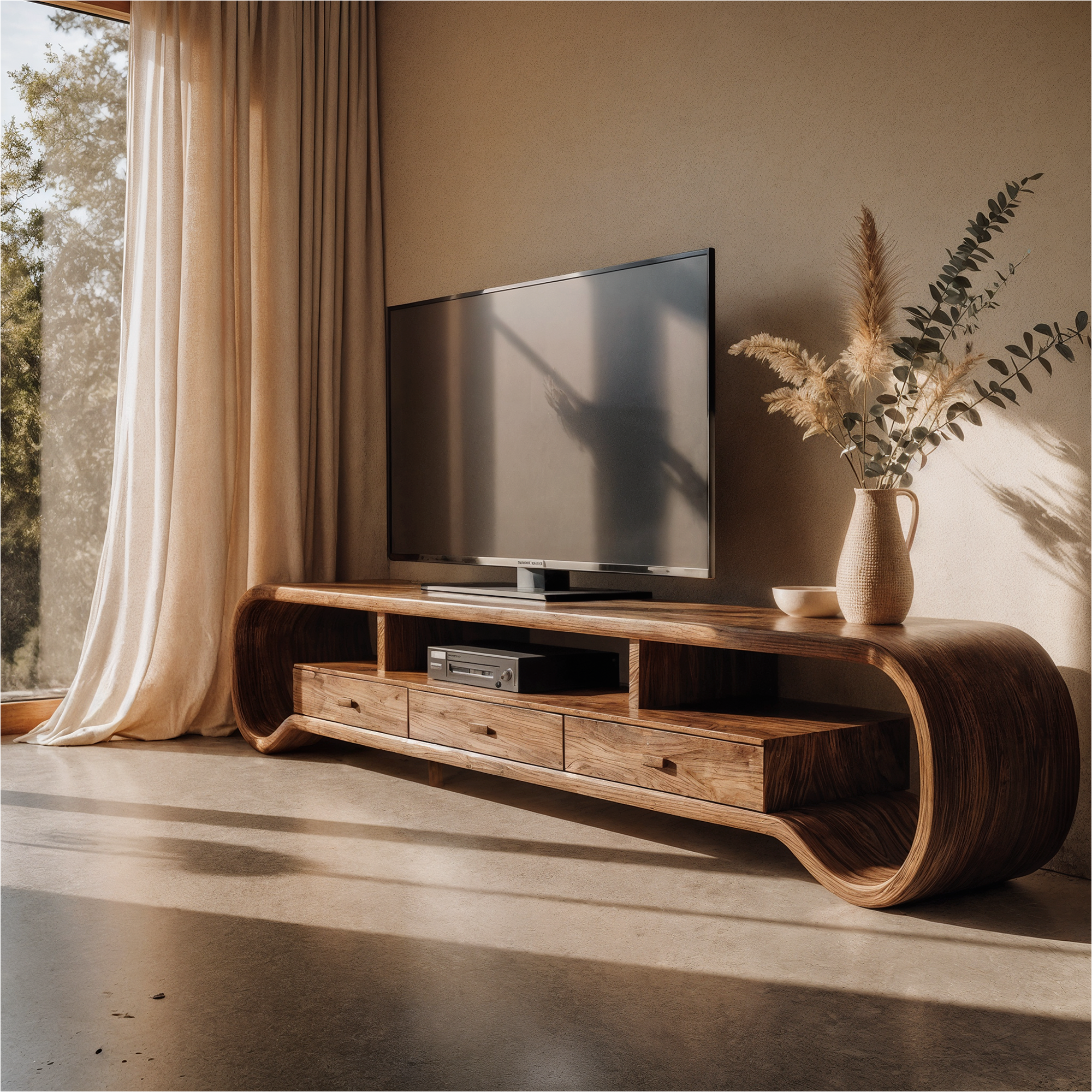 Rustic Curved TV Cabinet Solid Wood Multi Storage Living Room SINLKITC020