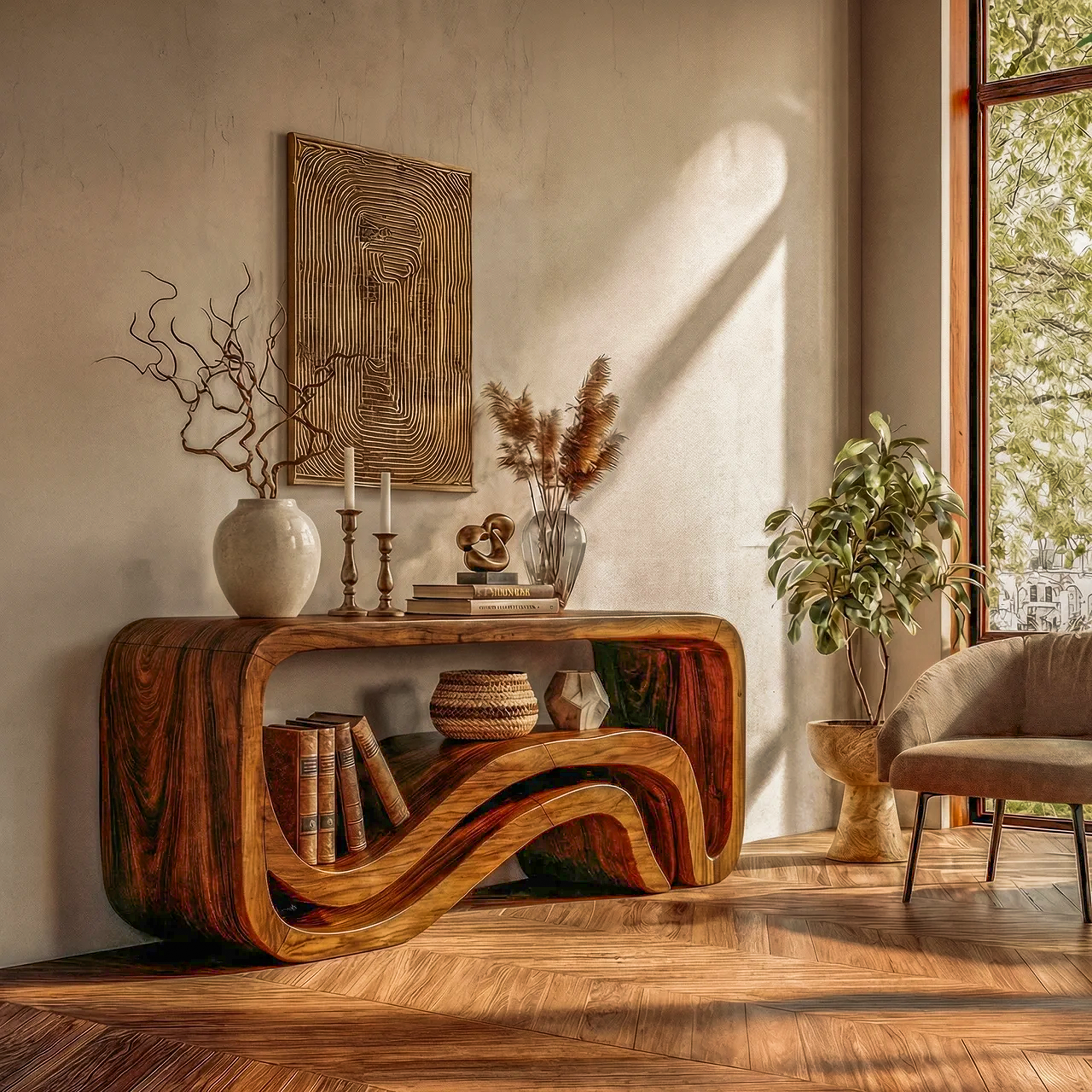 Sculptural Wave Console Table Solid Wood Artistic Flow Form Design Entryway Or Hallway SINLKICS550