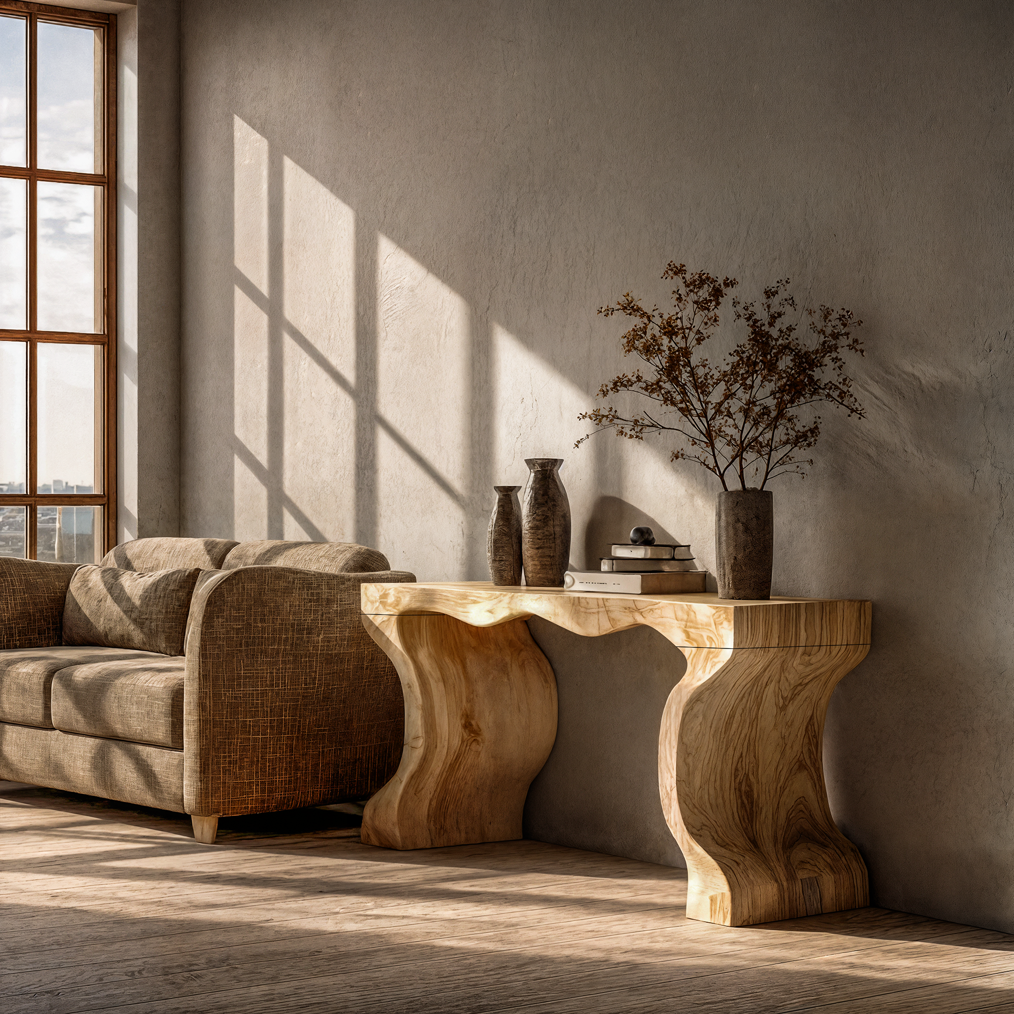 Sculptural Twin Base Console Table Solid Wood Organic Pedestal Form For Living Room SINLKICS554