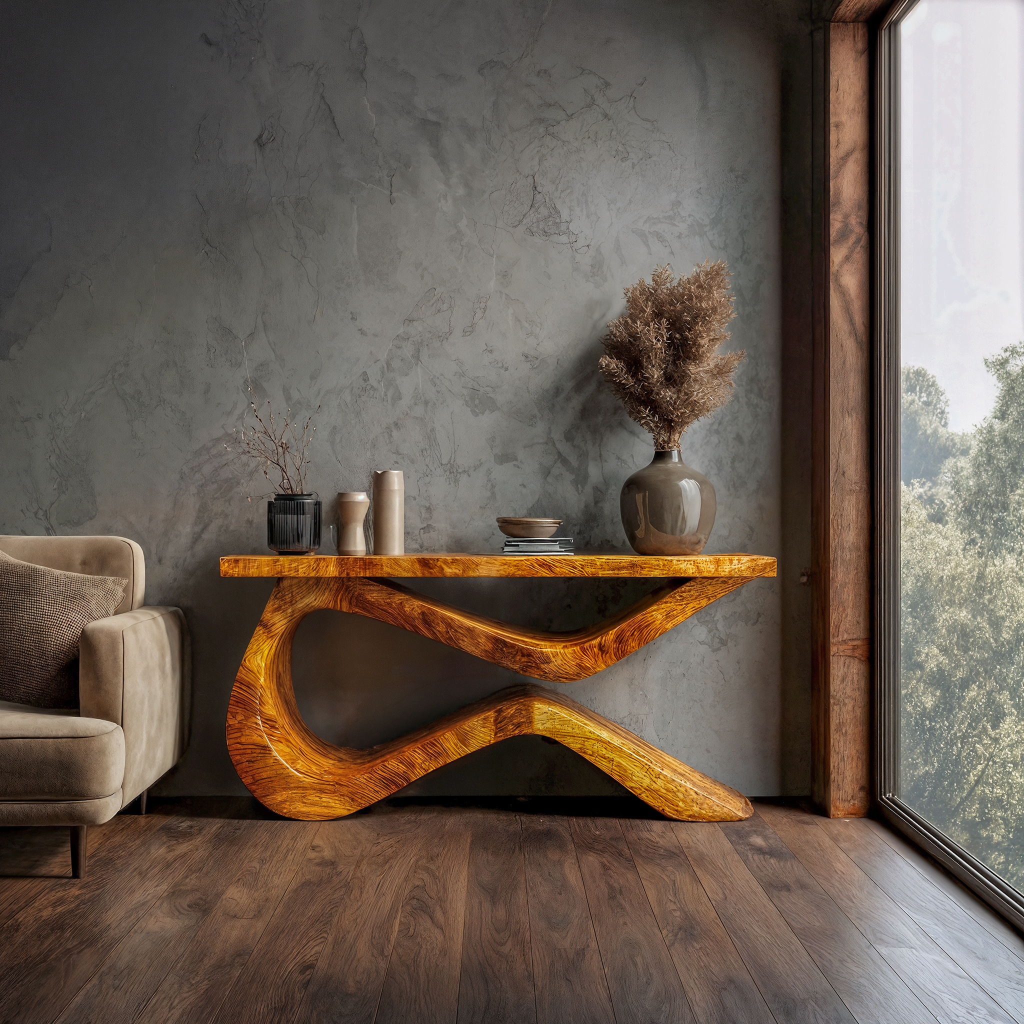 Infinity Loop Console Table Solid Wood Sculptural Flowing Design Entryway And Living Room SINLKICS556