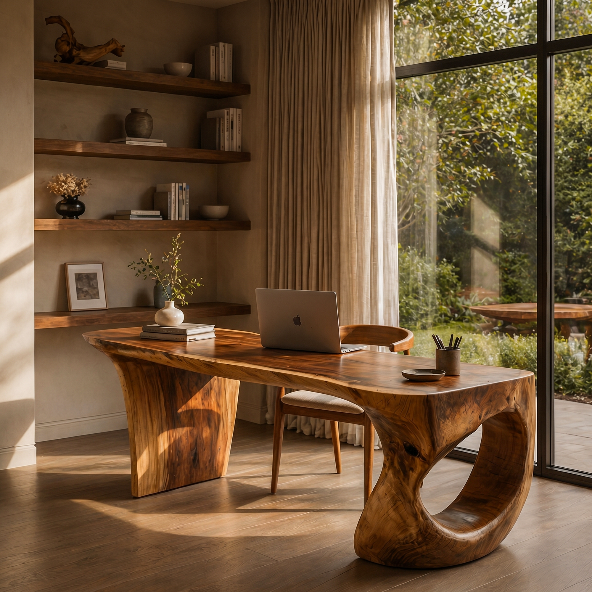 Contemporary Desk With Sculptural Loop Wood Base And Solid Wood Top For Home Office And Workspace SINLKIDK112