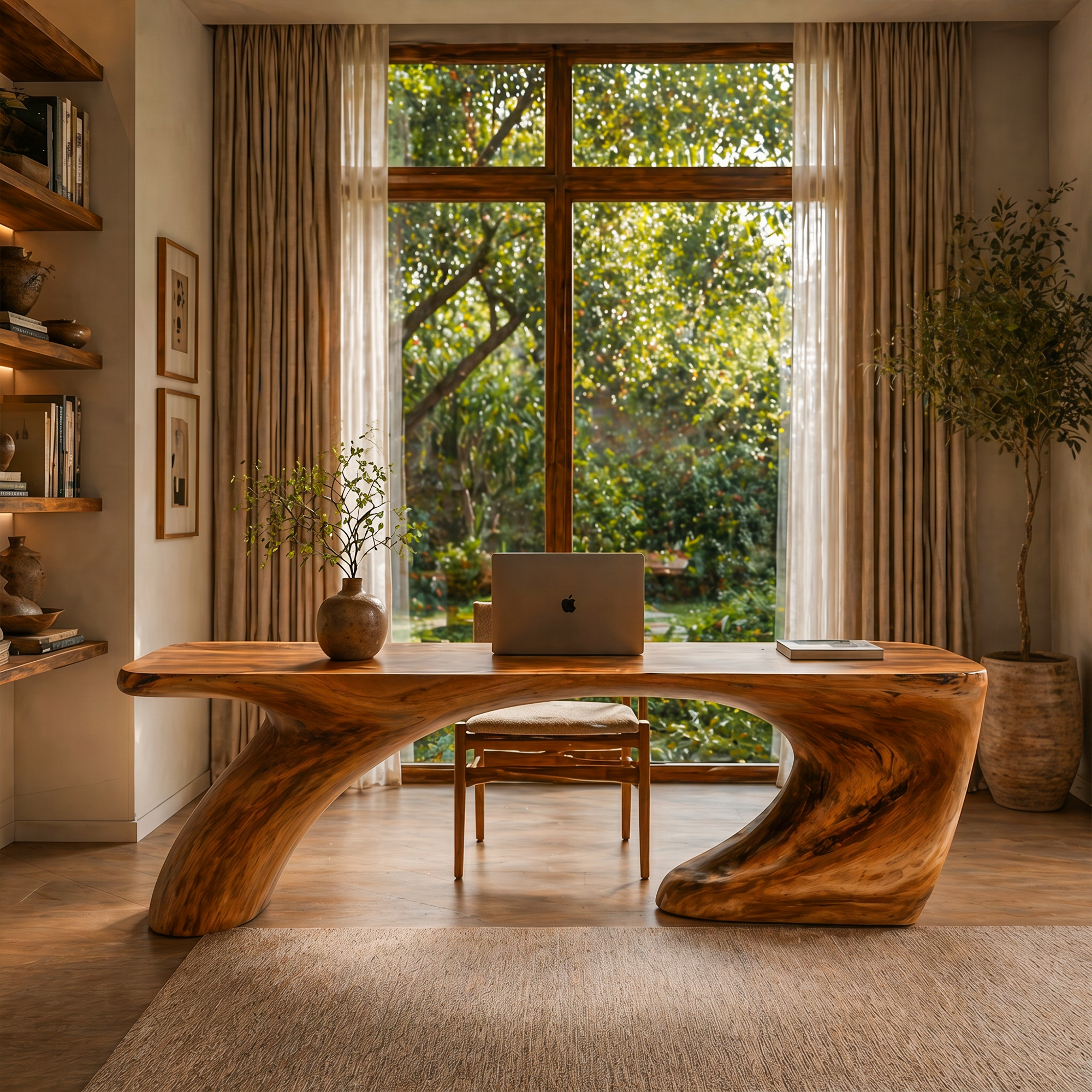 Modern Organic Desk With Sculptural Curved Wood Base And Solid Wood Top For Home Office And Workspace SINLKIDK113