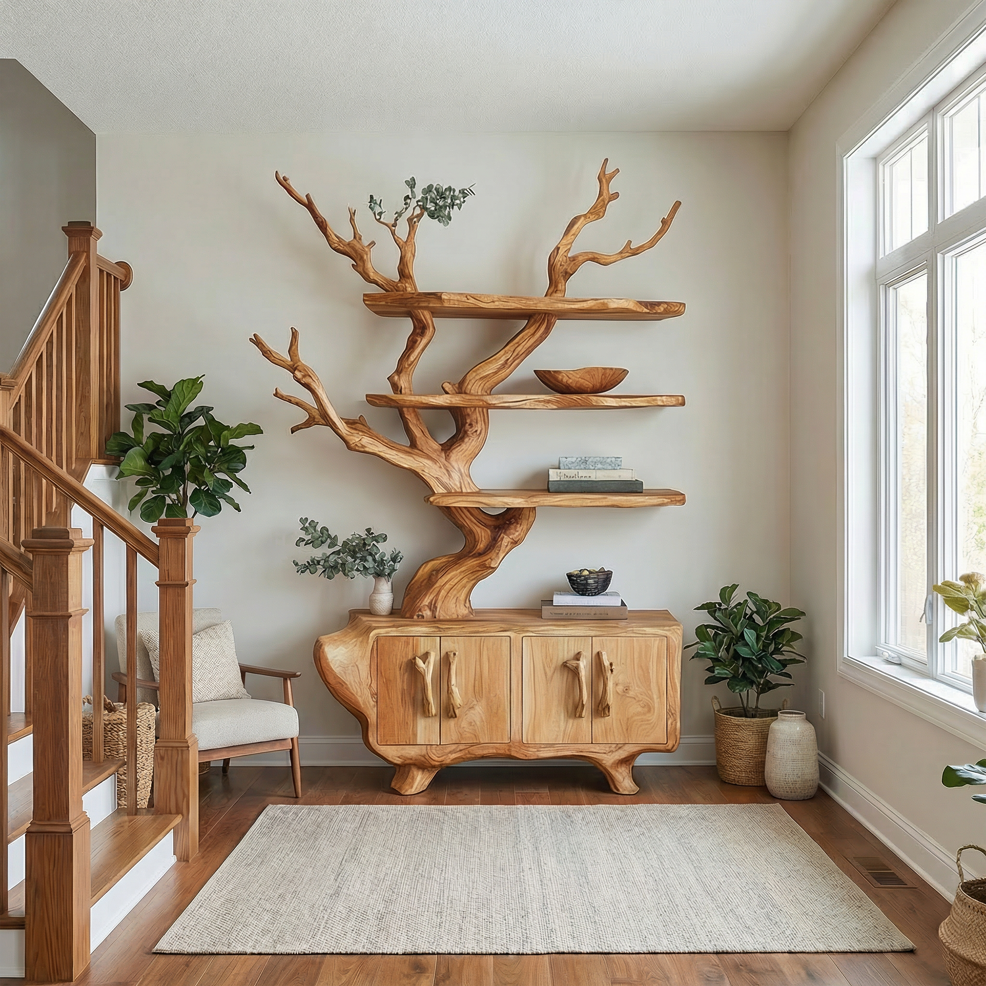 Tree Branch Bookshelf With Storage Cabinet For Entryway And Living Room Space SINLKITB715