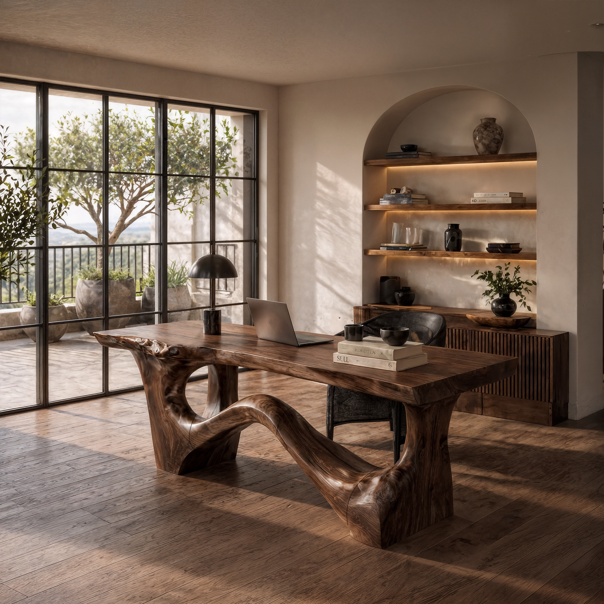 Organic Sculptural Desk With Asymmetrical Wood Base And Solid Wood Top For Home Office And Workspace SINLKIDK114