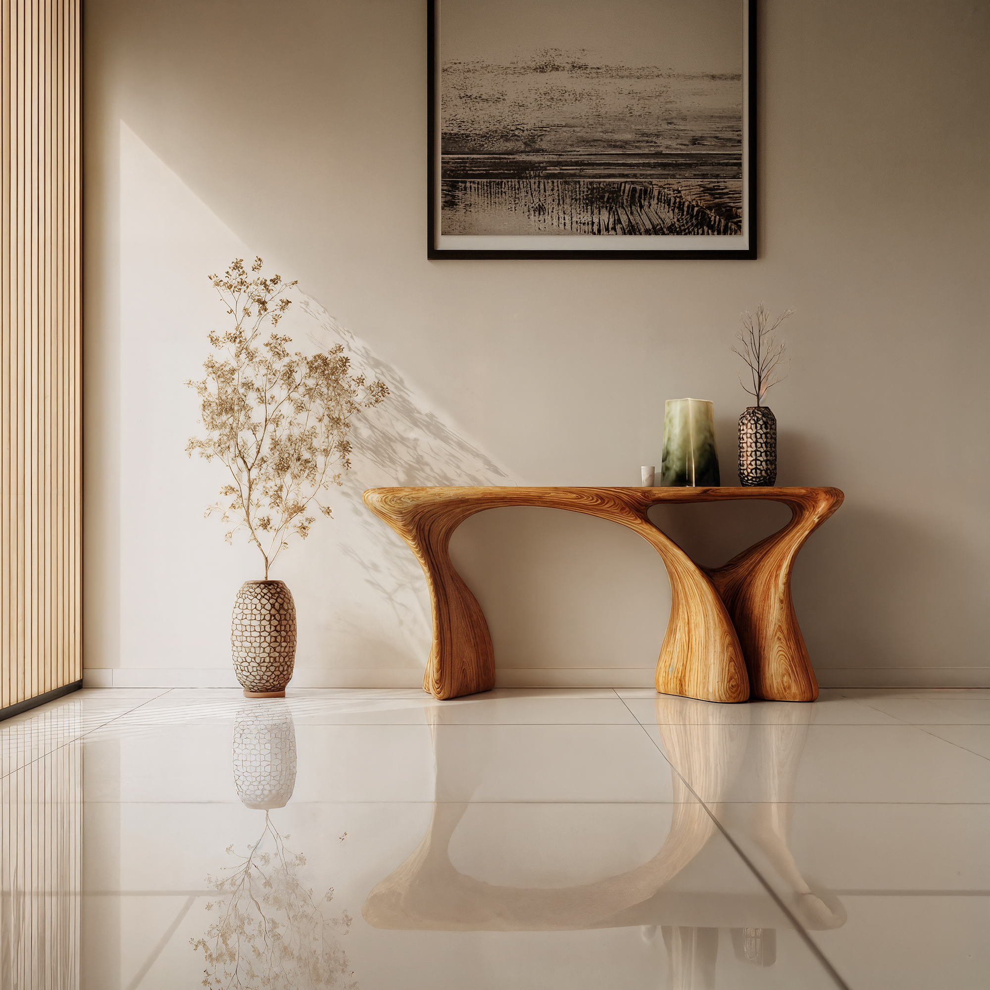 Modern Organic Console Table Solid Wood Curved Sculptural Form Entryway Or Hallway SINLKICS548