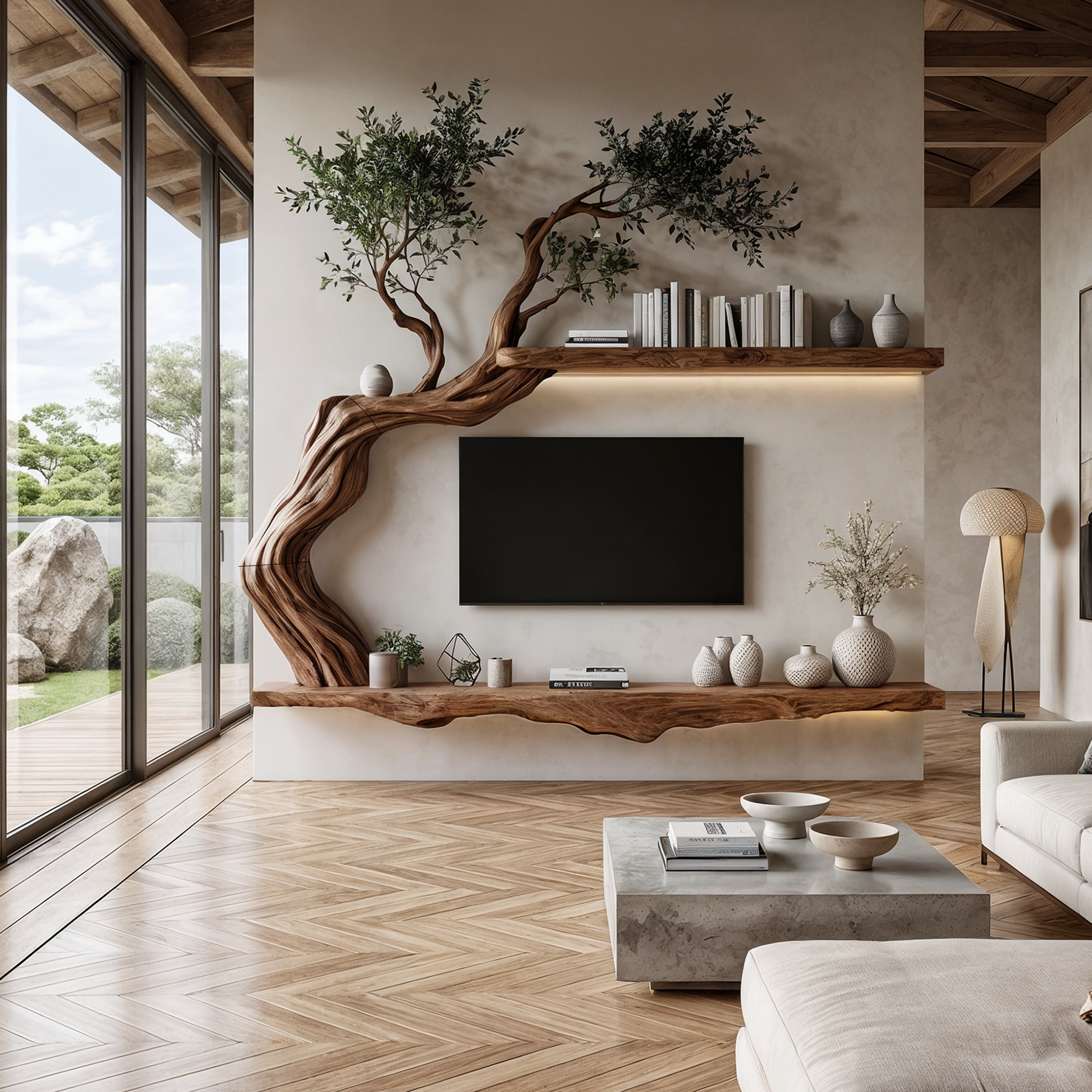 Organic Wall Mounted TV Stand With Sculptural Wood Design For Living Room SINLKITC078