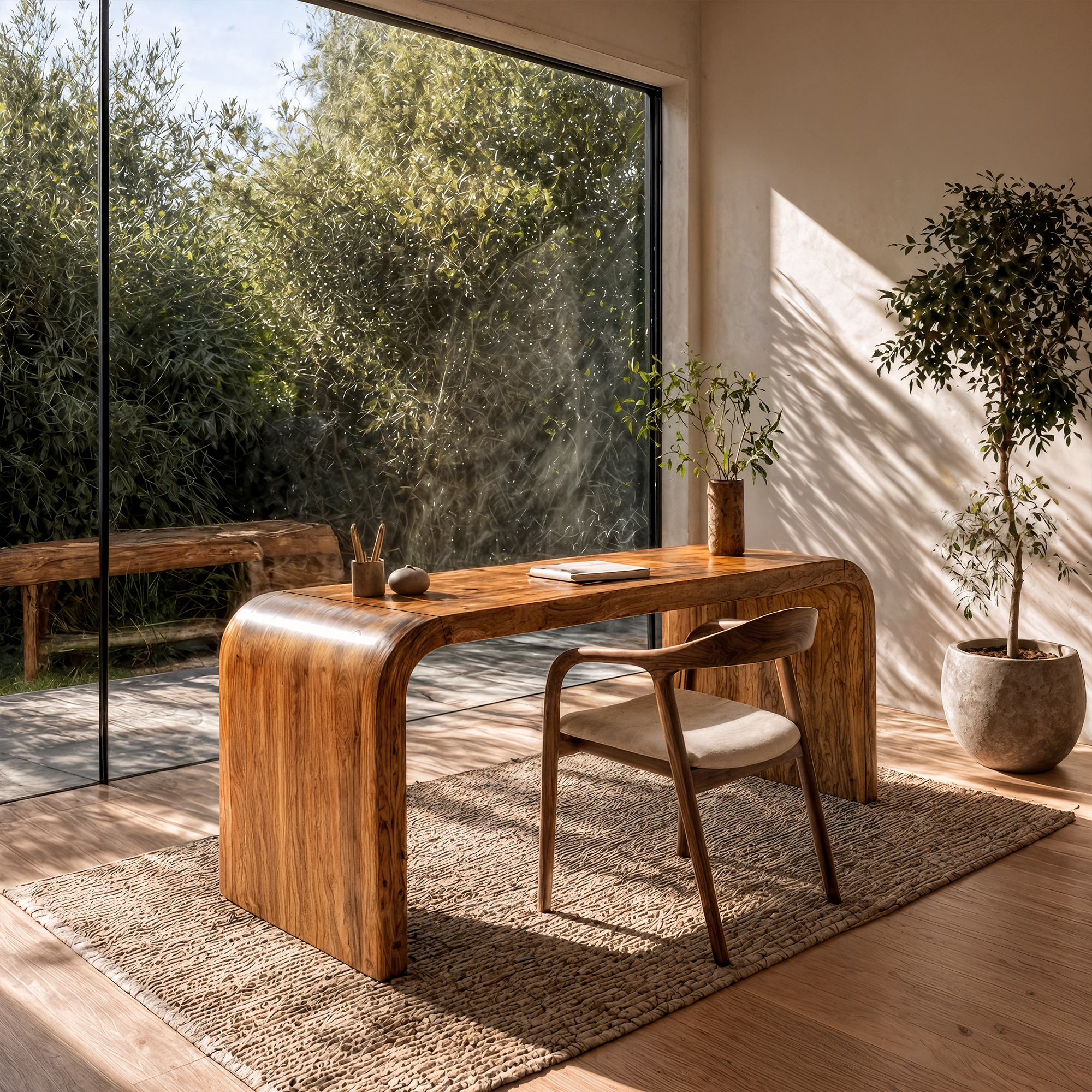 Organic Curved Wooden Desk With Waterfall Edge Design For Home Office And Workspace SINLKIDK108