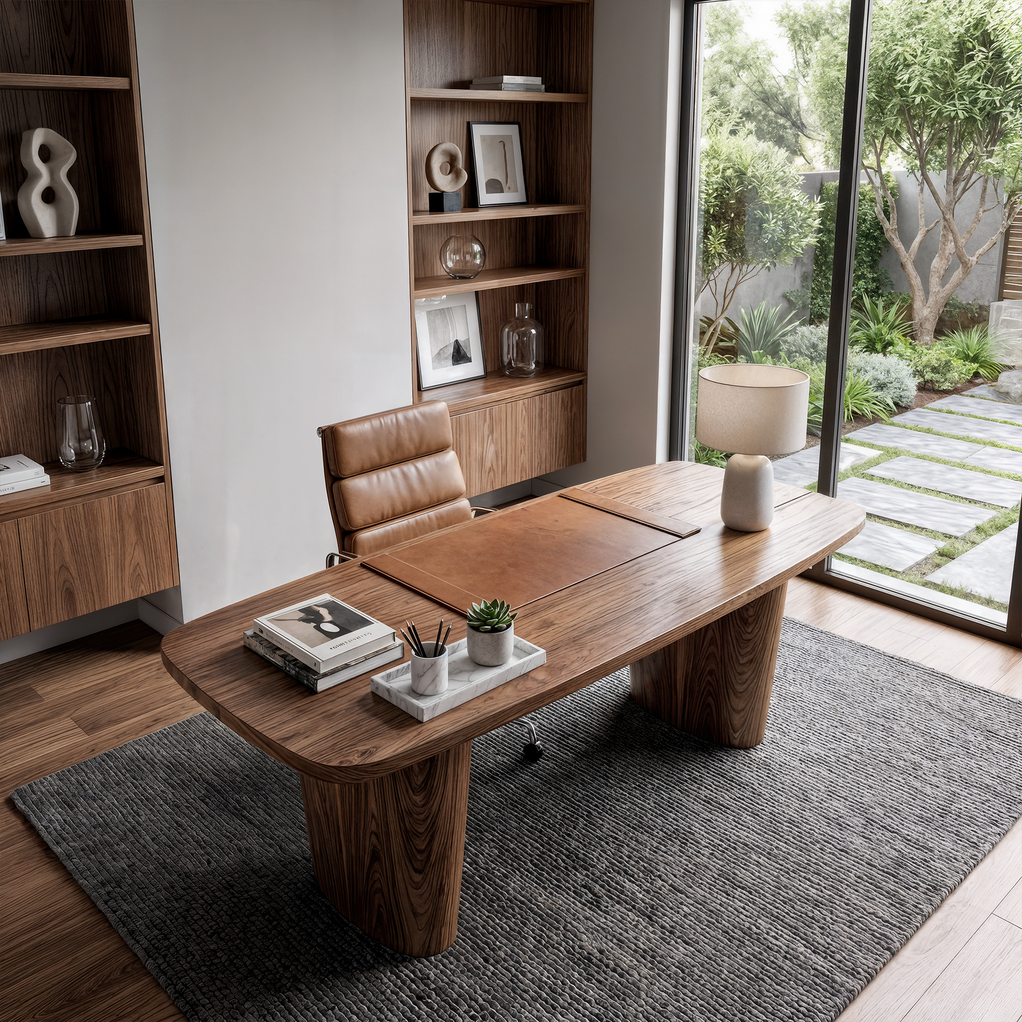 Modern Executive Wooden Desk With Sculptural Solid Wood Base For Home Office And Workspace SINLKIDK109
