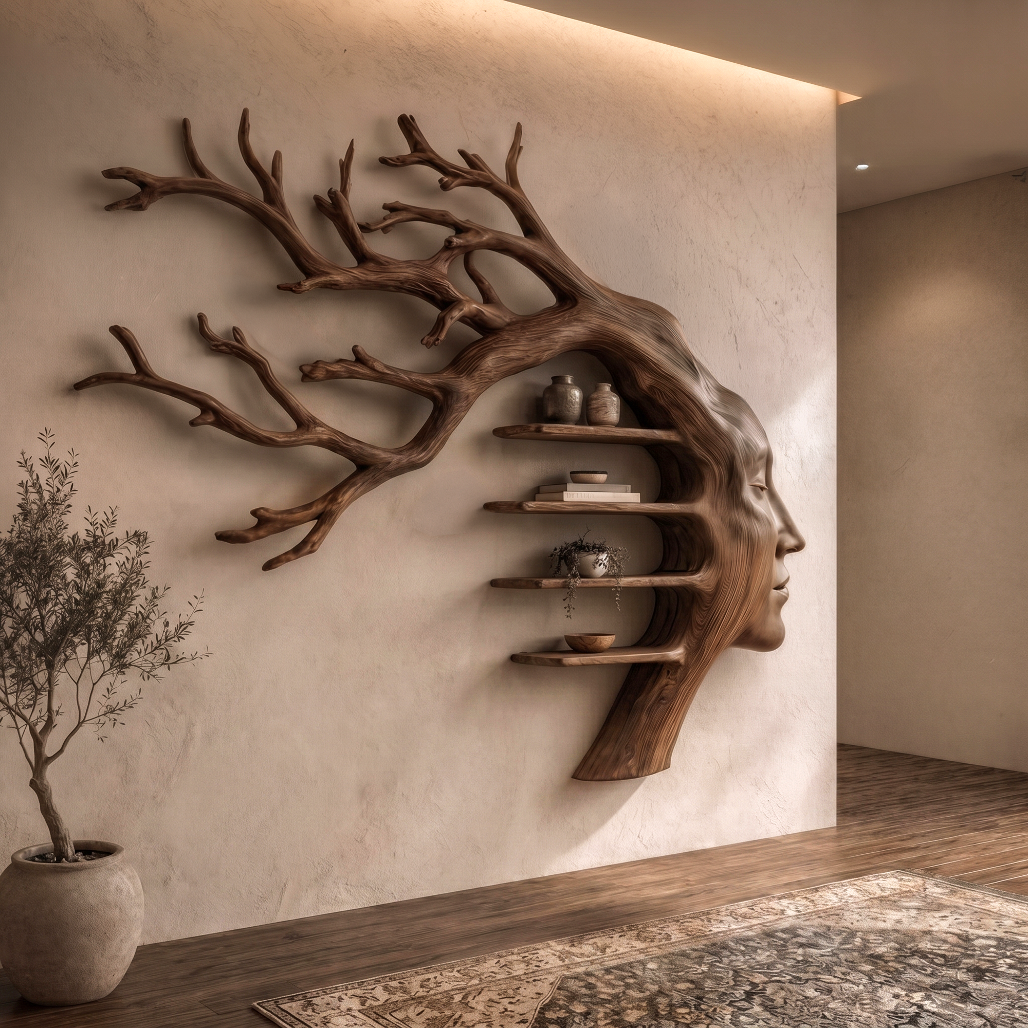Rustic Tree Branch Wooden Wall Art With Floating Shelves For Living Room And Entryway SINLKIWD105
