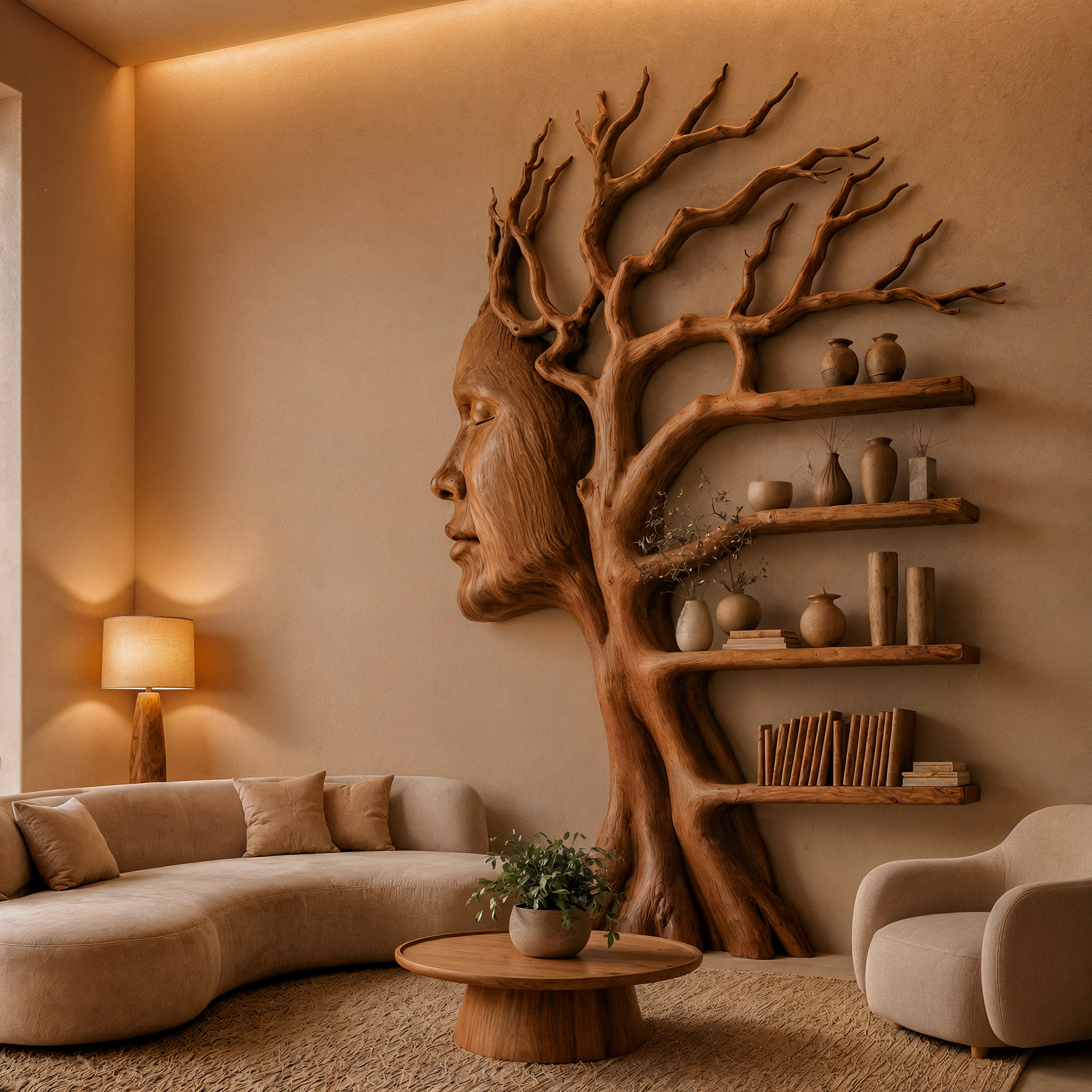Fantasy Tree Bookshelf With Sculptural Face Design And Integrated Branch Shelves For Living Room SINLKITB735