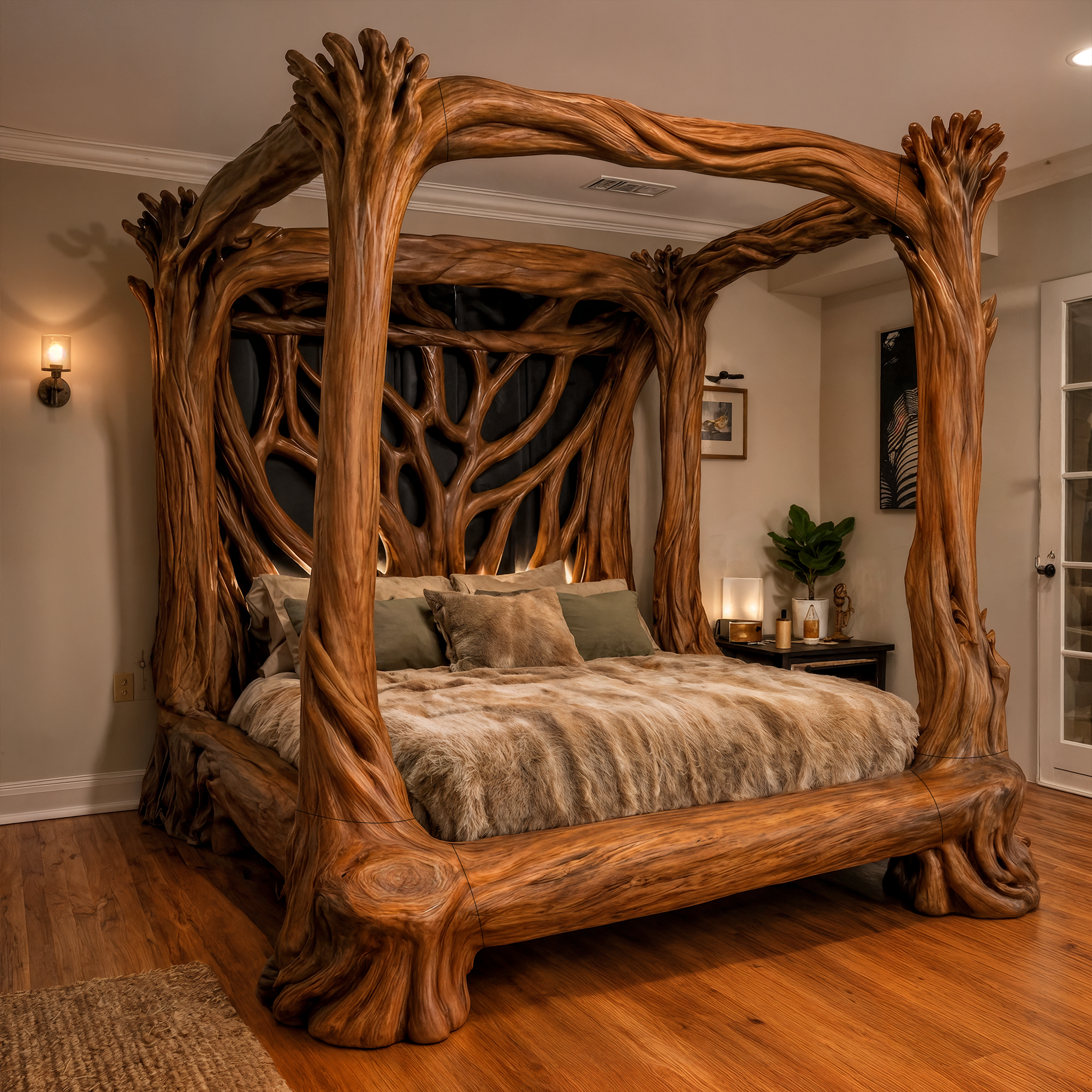 Organic Sculptural Canopy Bed With Handcrafted Tree Branch Wood Frame For Bedroom Decor SINLKIWB120