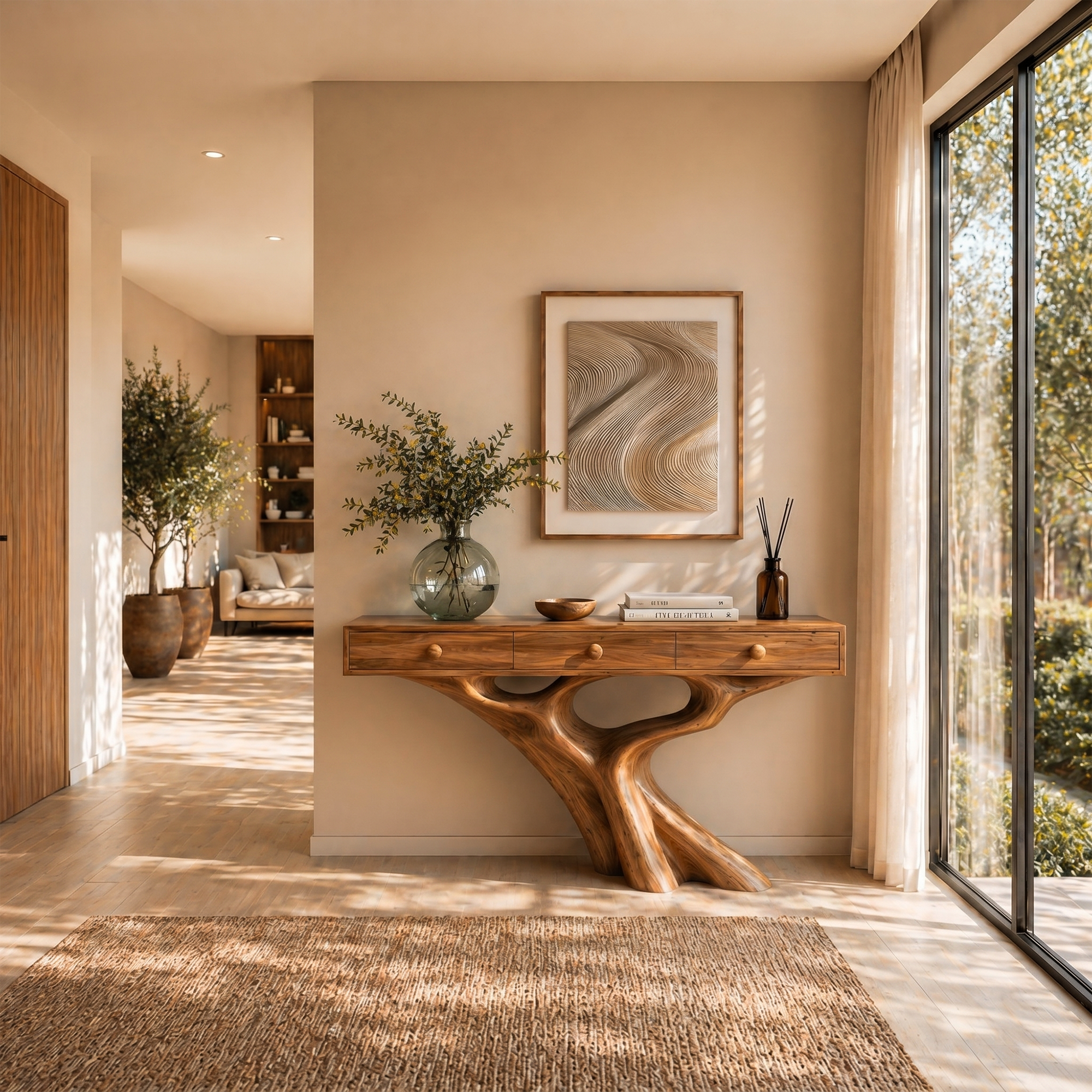 Organic Console Table With Built In Storage Cabinet And Sculptural Curved Wood Base For Entryway And Living Room SINLKICS593