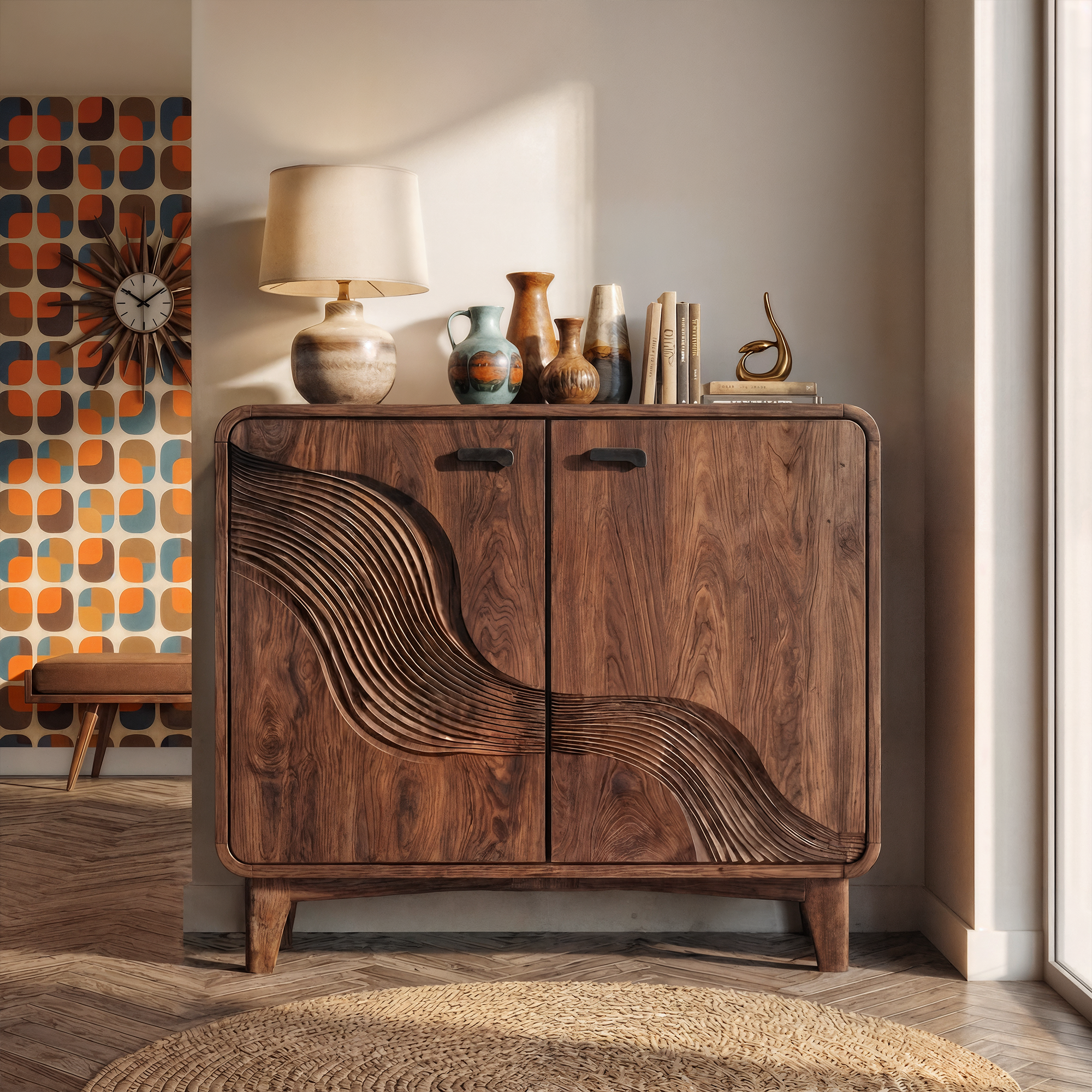 Mid Century Sculptural Storage Cabinet For Living Room And Dining Room Space SINLKISC512