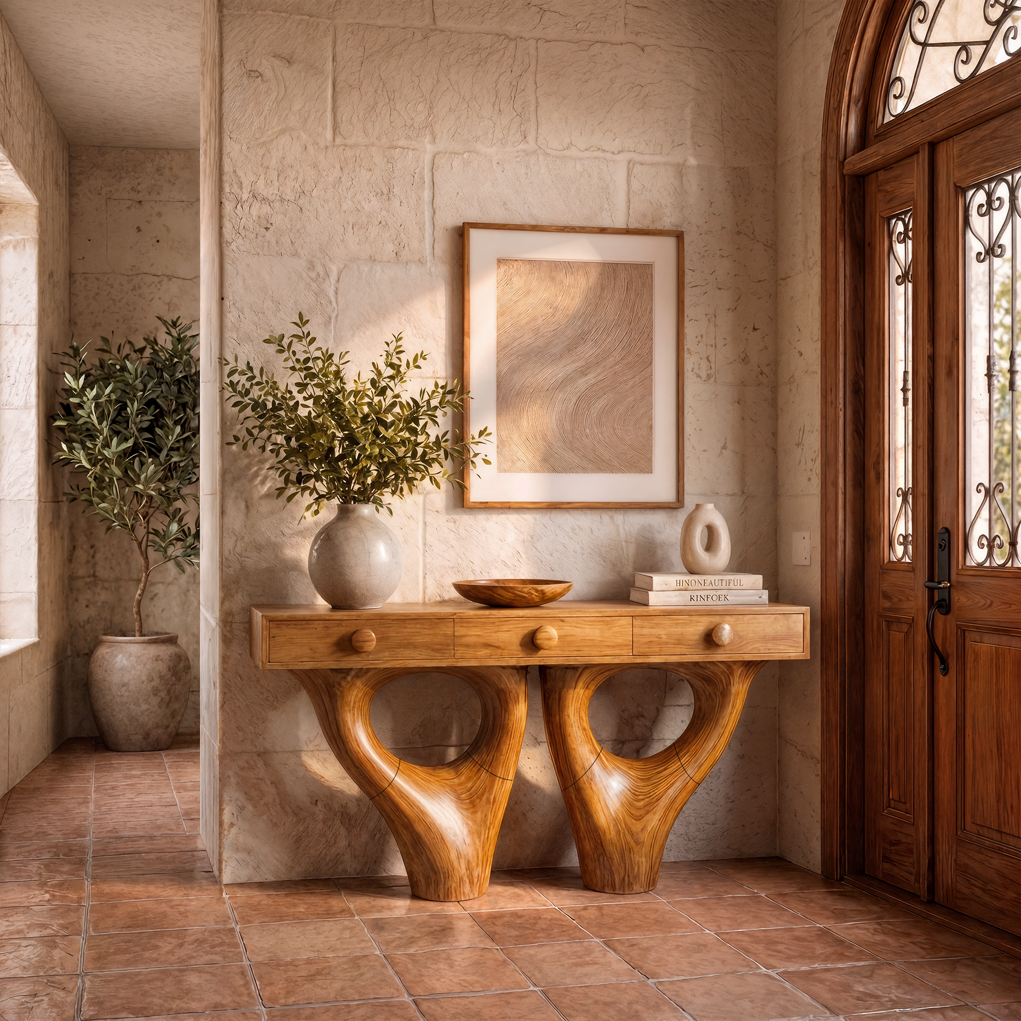 Rustic Console Table With Sculptural Double Pedestal Wood Base And Solid Wood Top For Entryway And Living Room SINLKICS594