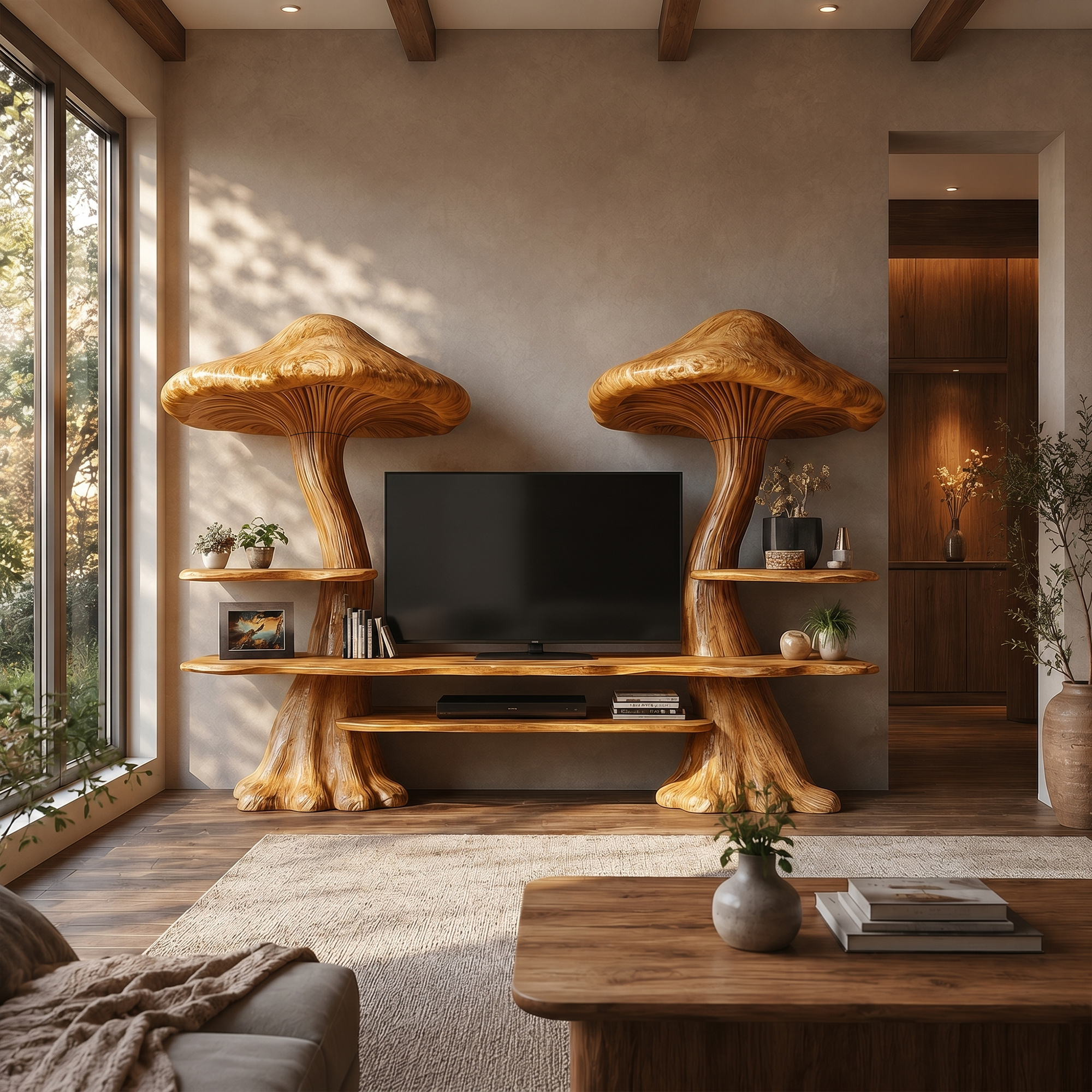 Rustic Mushroom TV Cabinet With Integrated Display Shelves And Media Storage For Living Room SINLKITC051