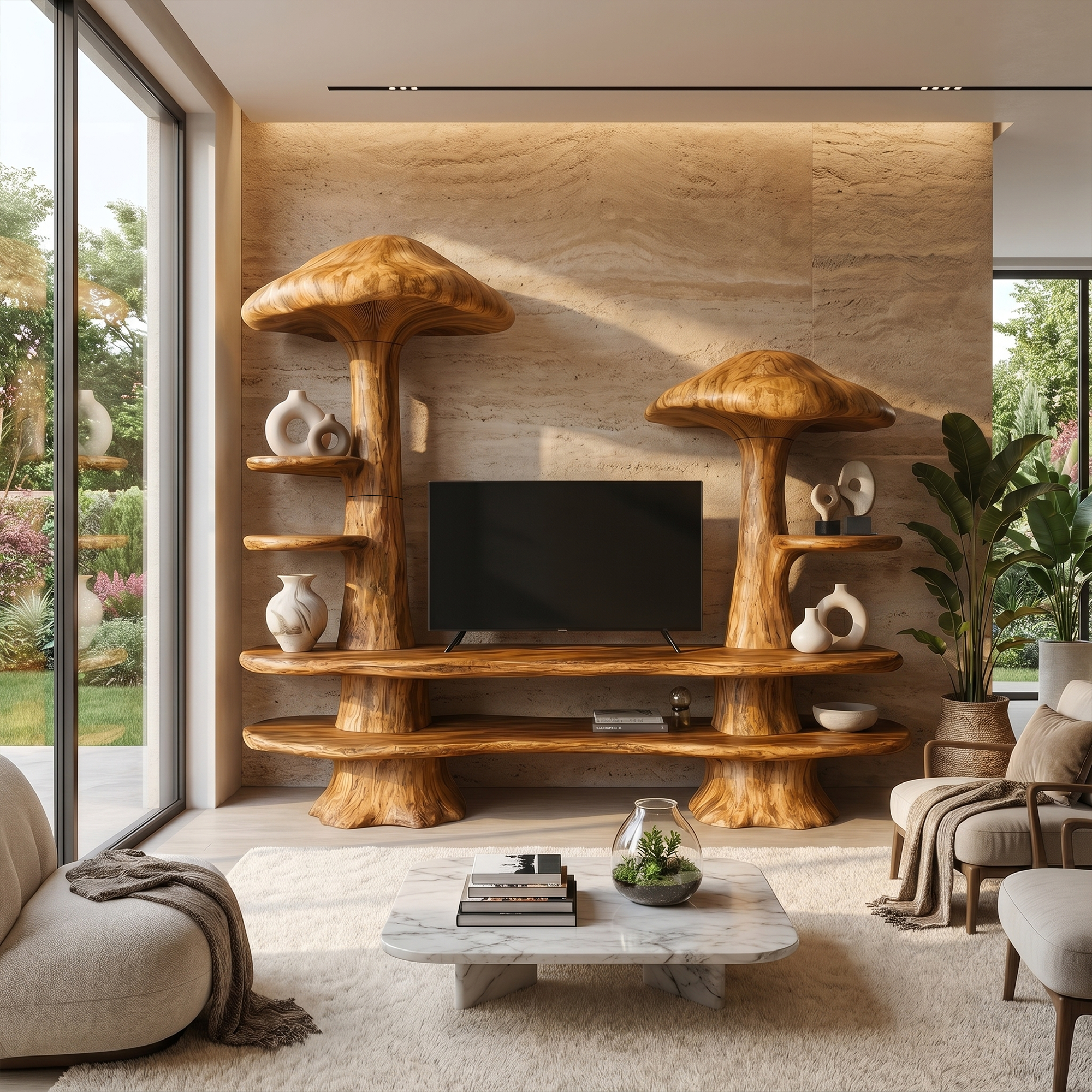 Rustic Mushroom TV Cabinet With Open Display Storage And Media Console For Living Room SINLKITC054