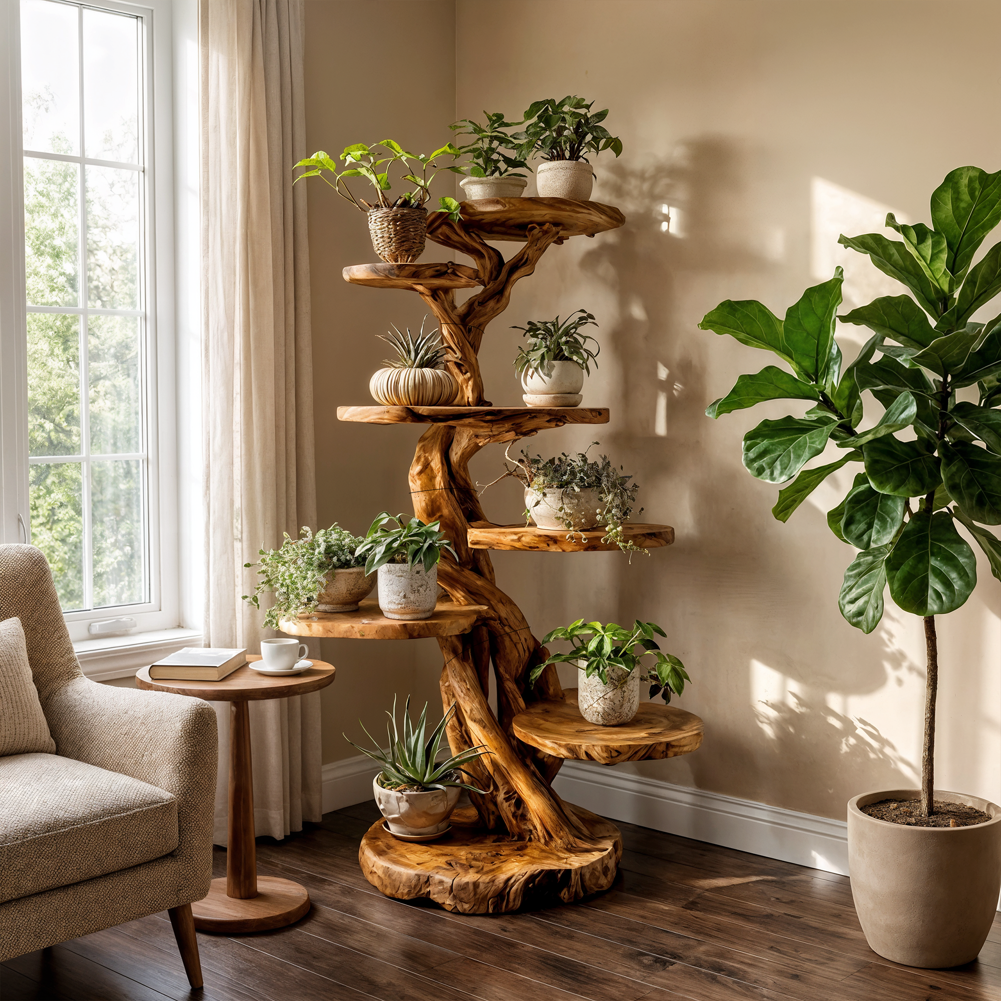 Rustic Tree Plant Shelf Natural Interior Design Home Decor SINLKITT079