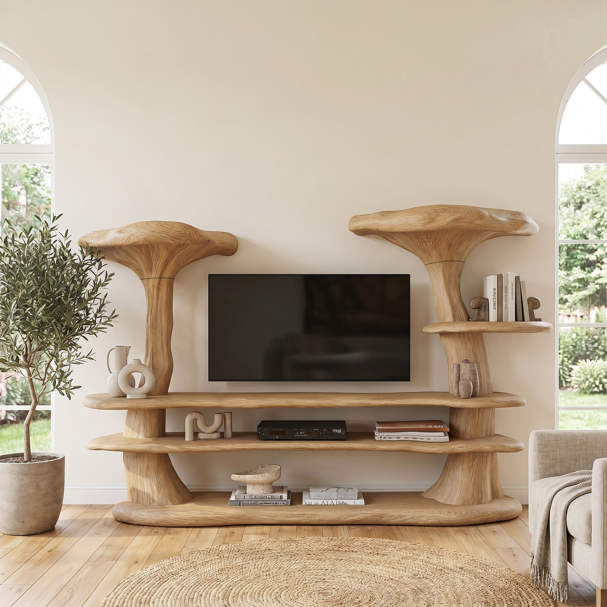 Organic Mushroom TV Stand With Sculptural Solid Wood Design For Living Room SINLKITC055