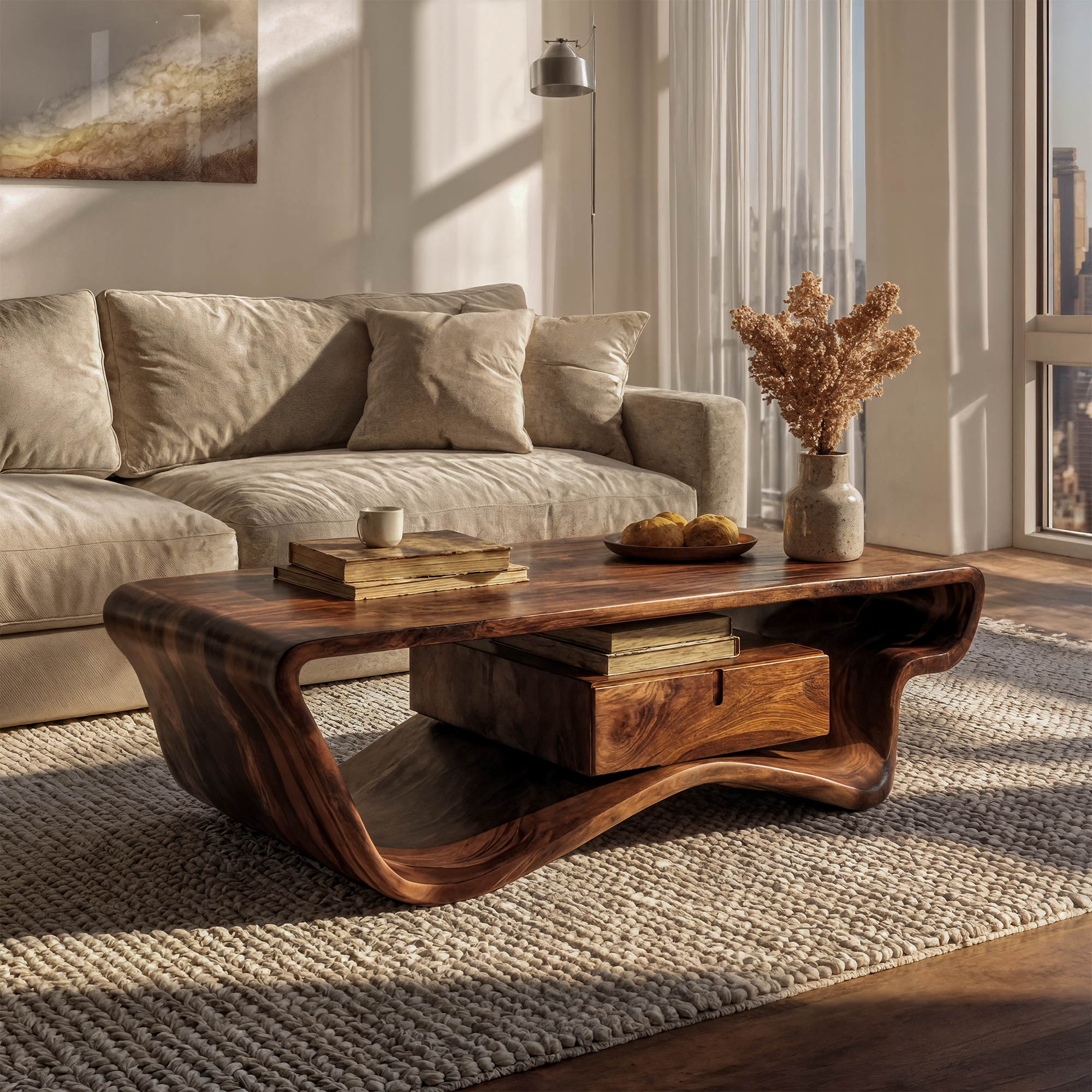 Curved Sculptural Coffee Table With Storage Drawer For Living Room SINLKICF361