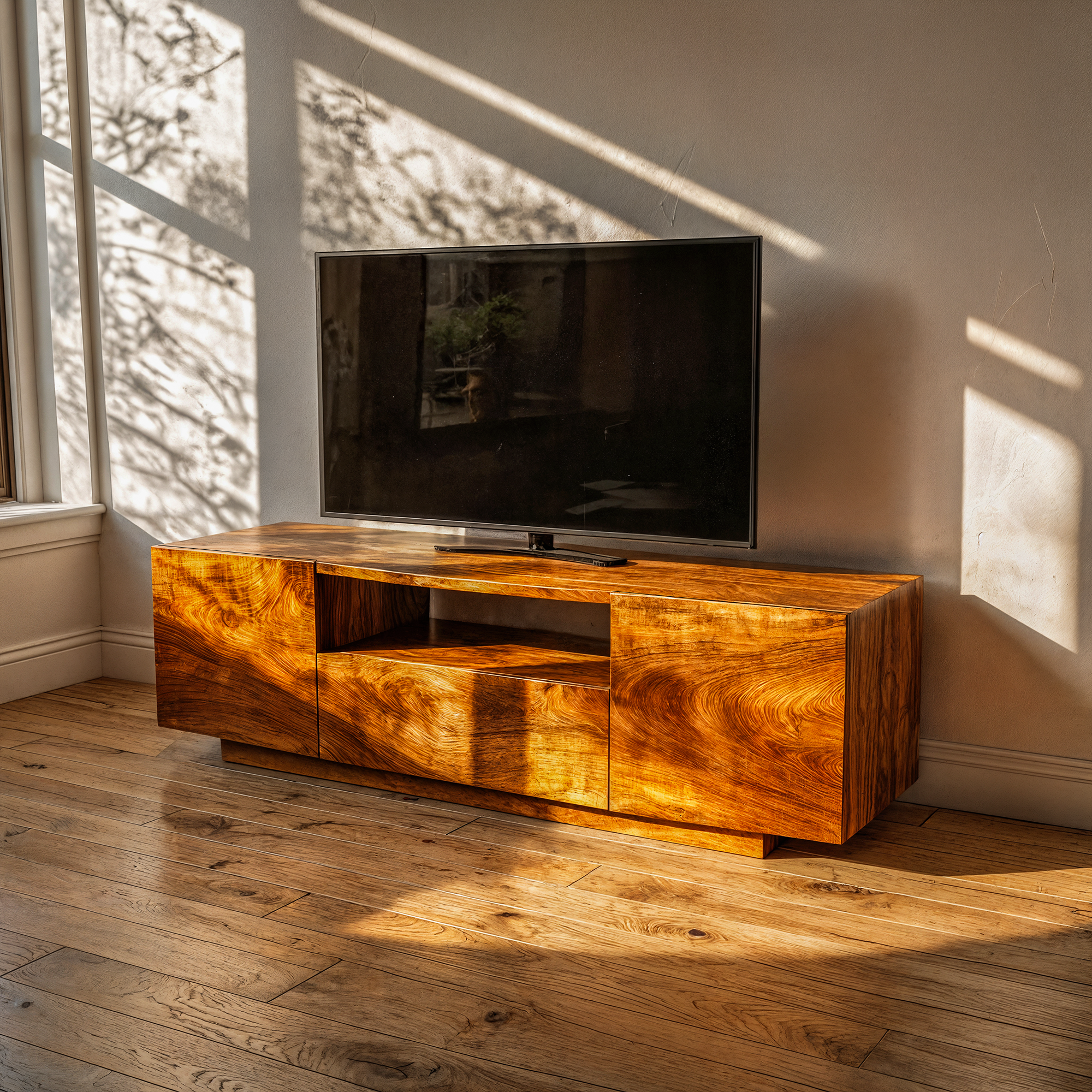 Modern Rustic TV Cabinet Solid Wood Low Profile Block Design Living Room SINLKITC030