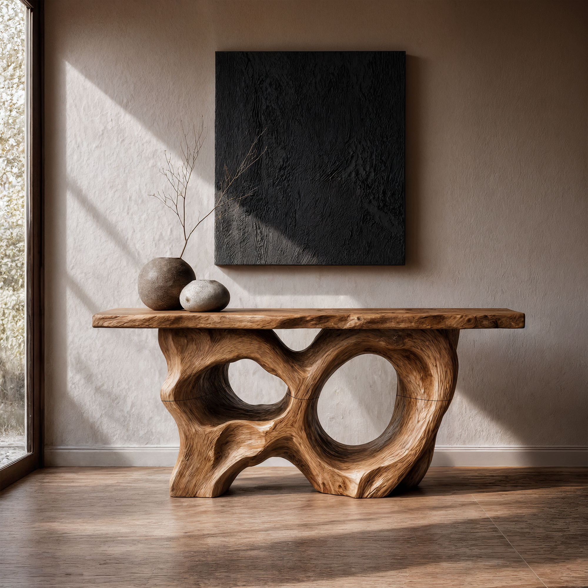 Modern Console Table With Sculptural Asymmetrical Wood Base  For Living Room SINLKICS598