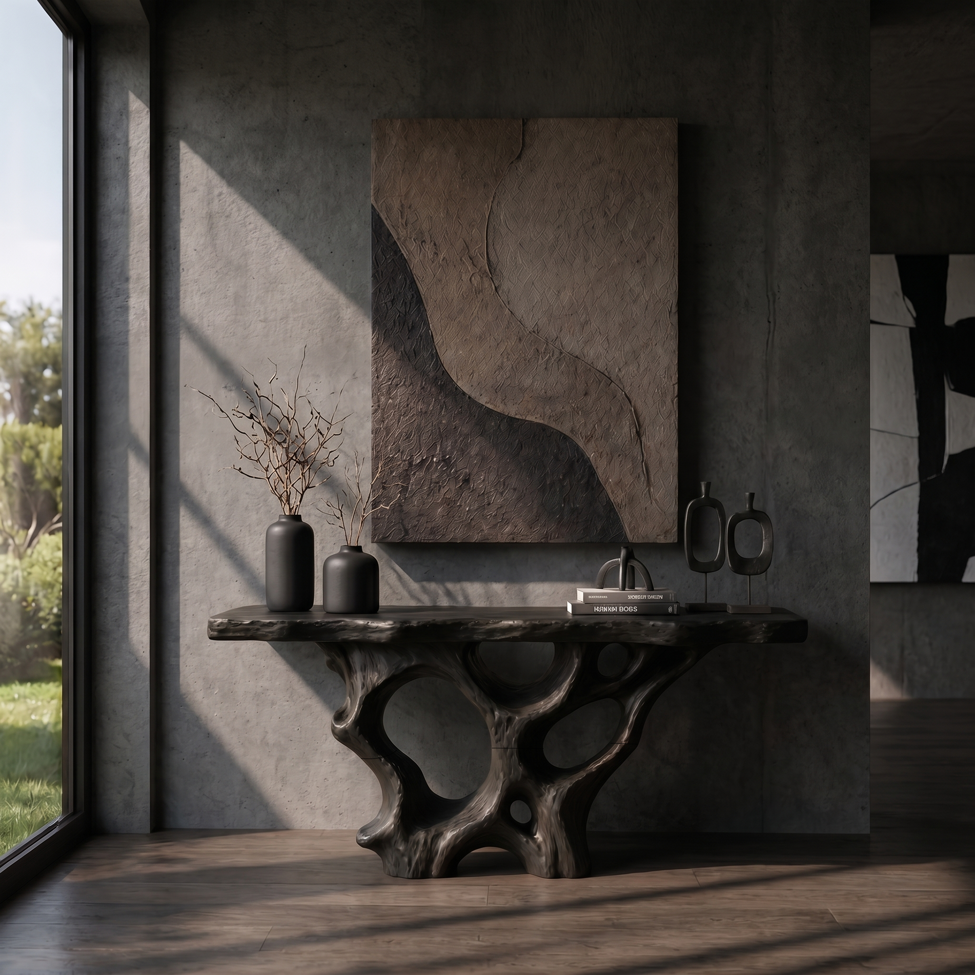 Organic Unique Console Table With Sculptural Natural Wood Base For Living Room SINLKICS599