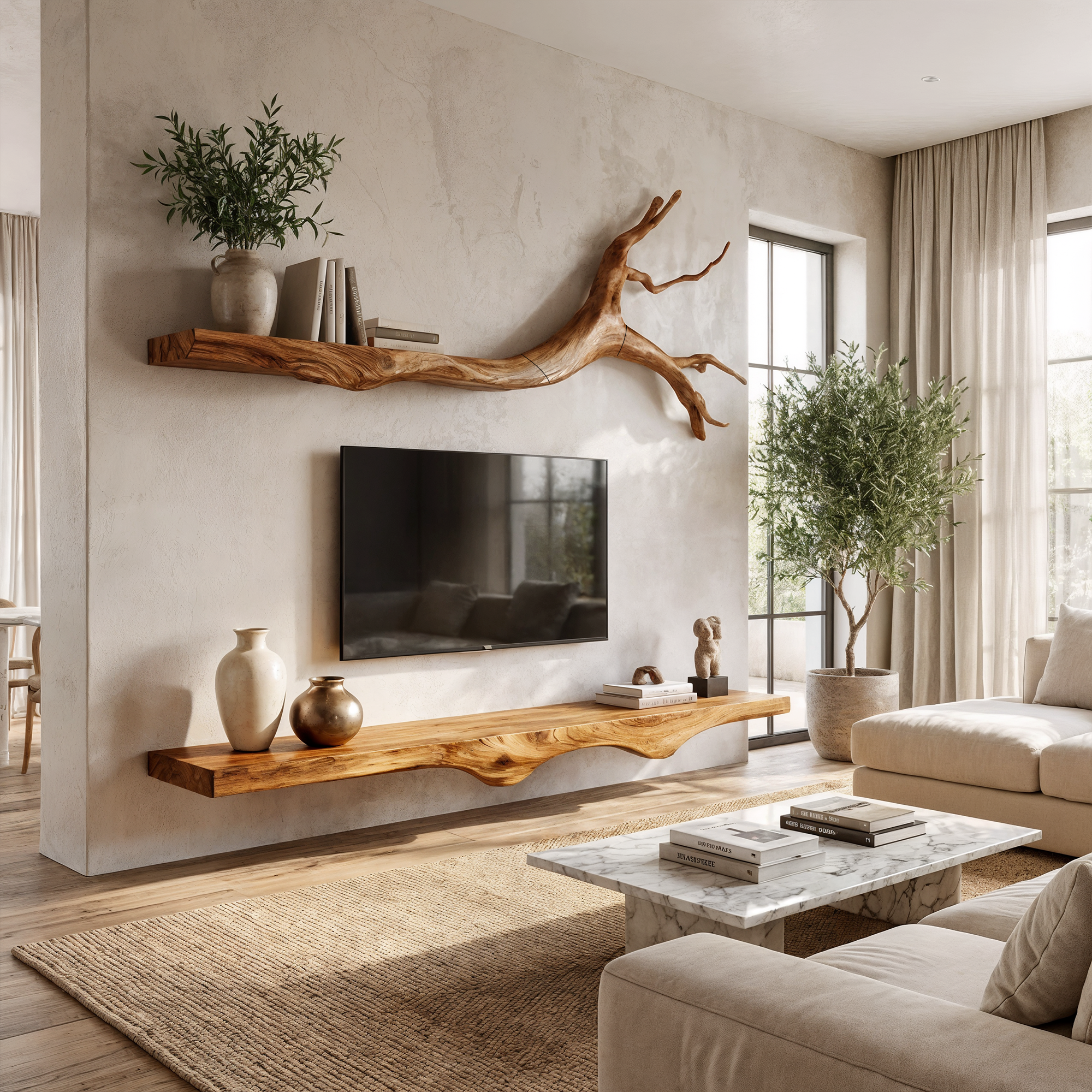 Set 2 Pieces Rustic Floating Wall TV Console Solid Wood Bedroom Living SINLKIFL189