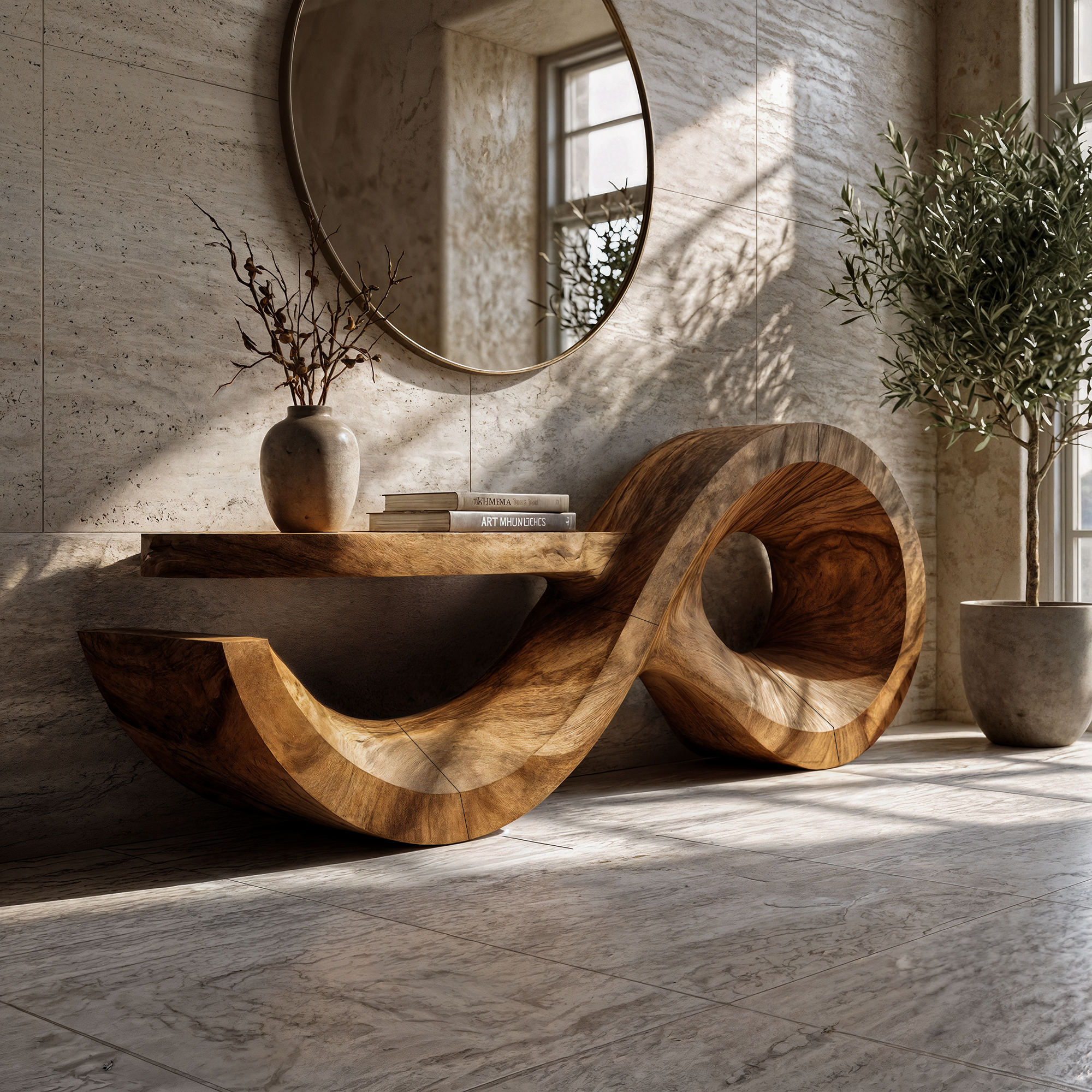 Contemporary Console Table With Sculptural Wave Wood Base And Solid Wood Top For Living Room SINLKICS601
