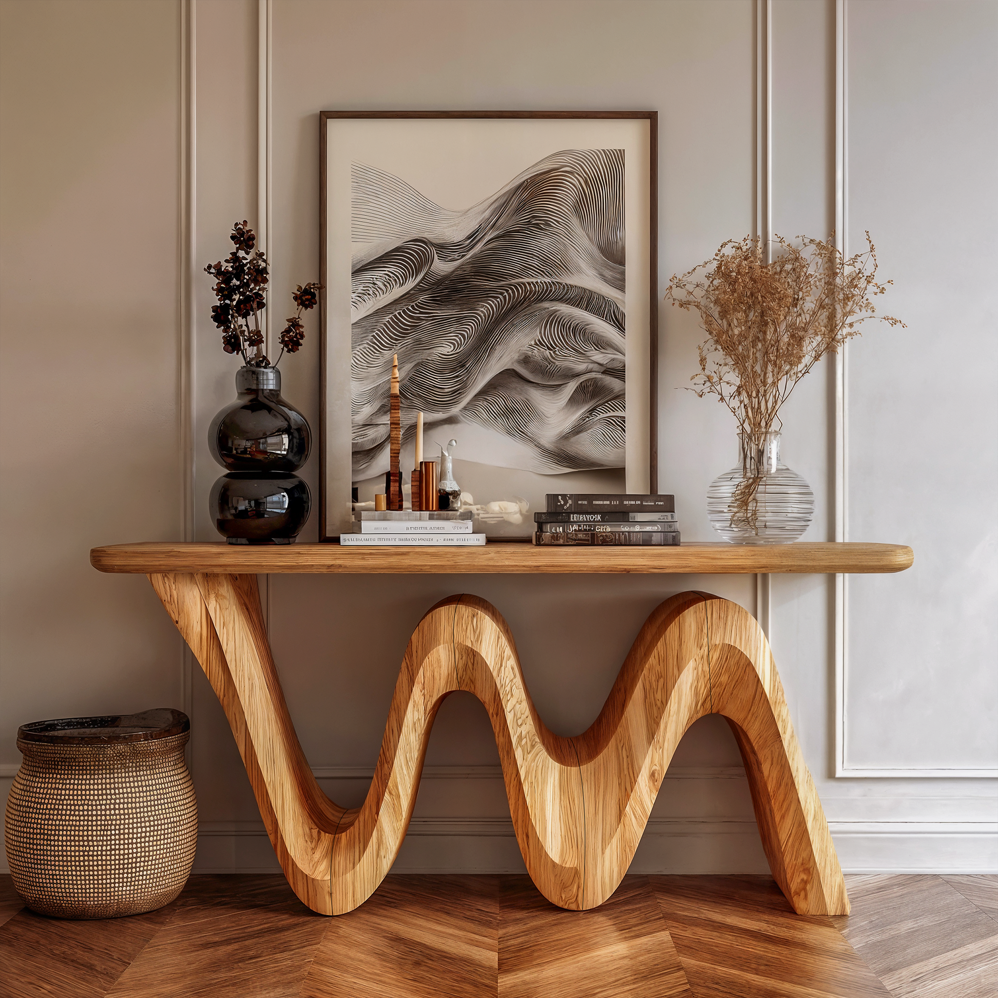 Organic Flow Console Table Solid Wood Sculptural Wave Base Entryway Or Hallway SINLKICS557