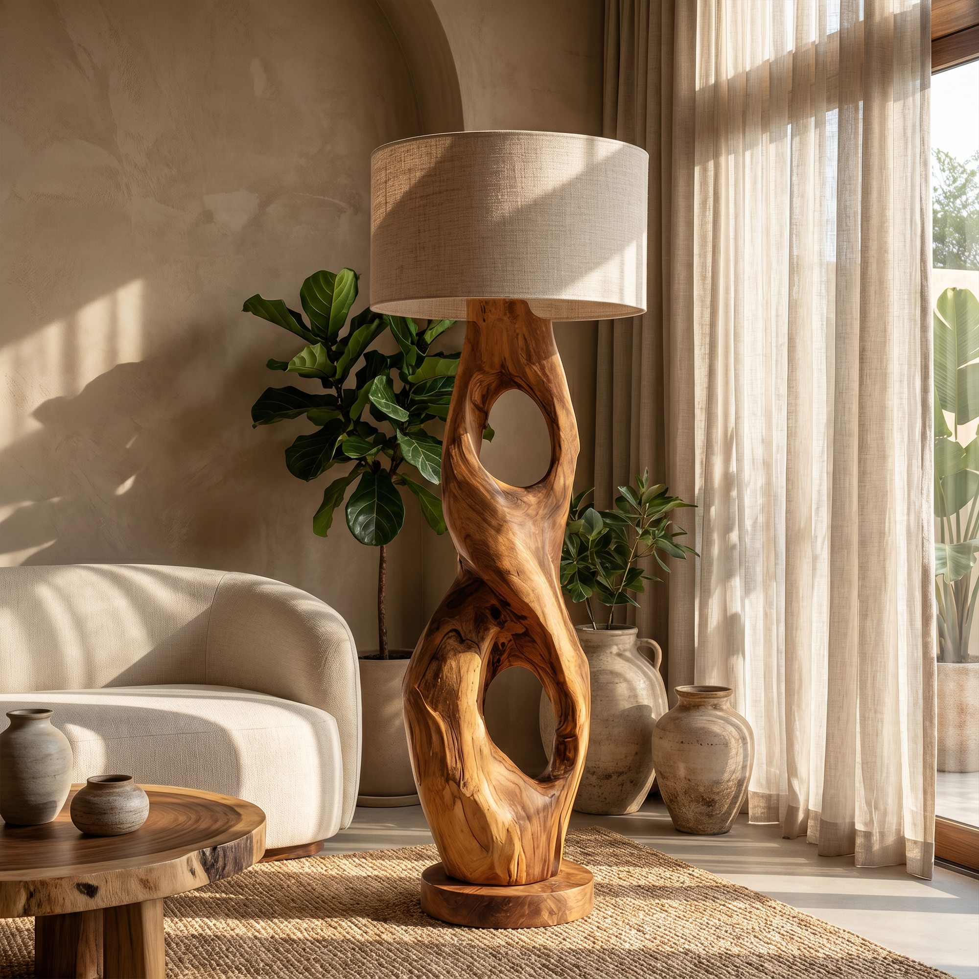 Rustic Floor Lamp With Handcrafted Hollow Wood Sculpture Base For Living Room SINLKIFLP088