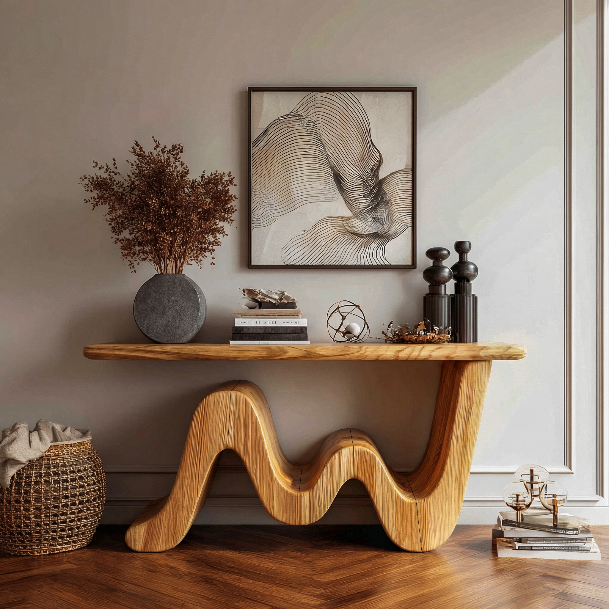 Wave Console Table Solid Wood Soft Curved Shape Living Room And Entryway SINLKICS558