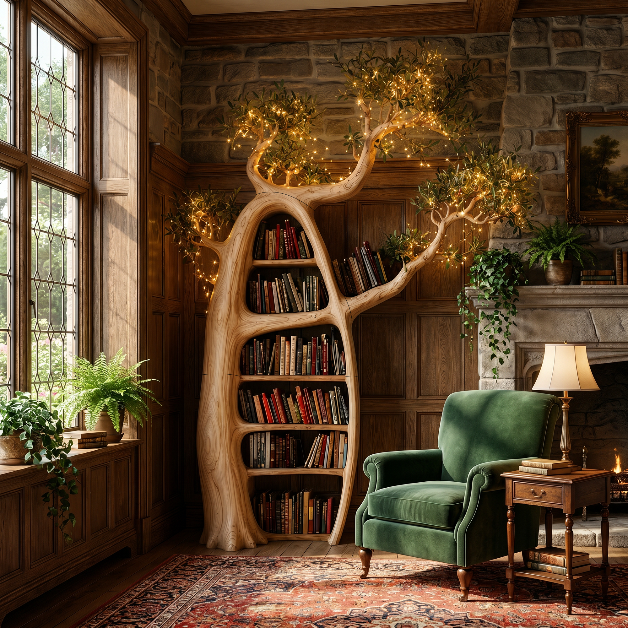 Artistic Tree Bookshelf With Illuminated Branch Crown For Living Room SINLKITB752