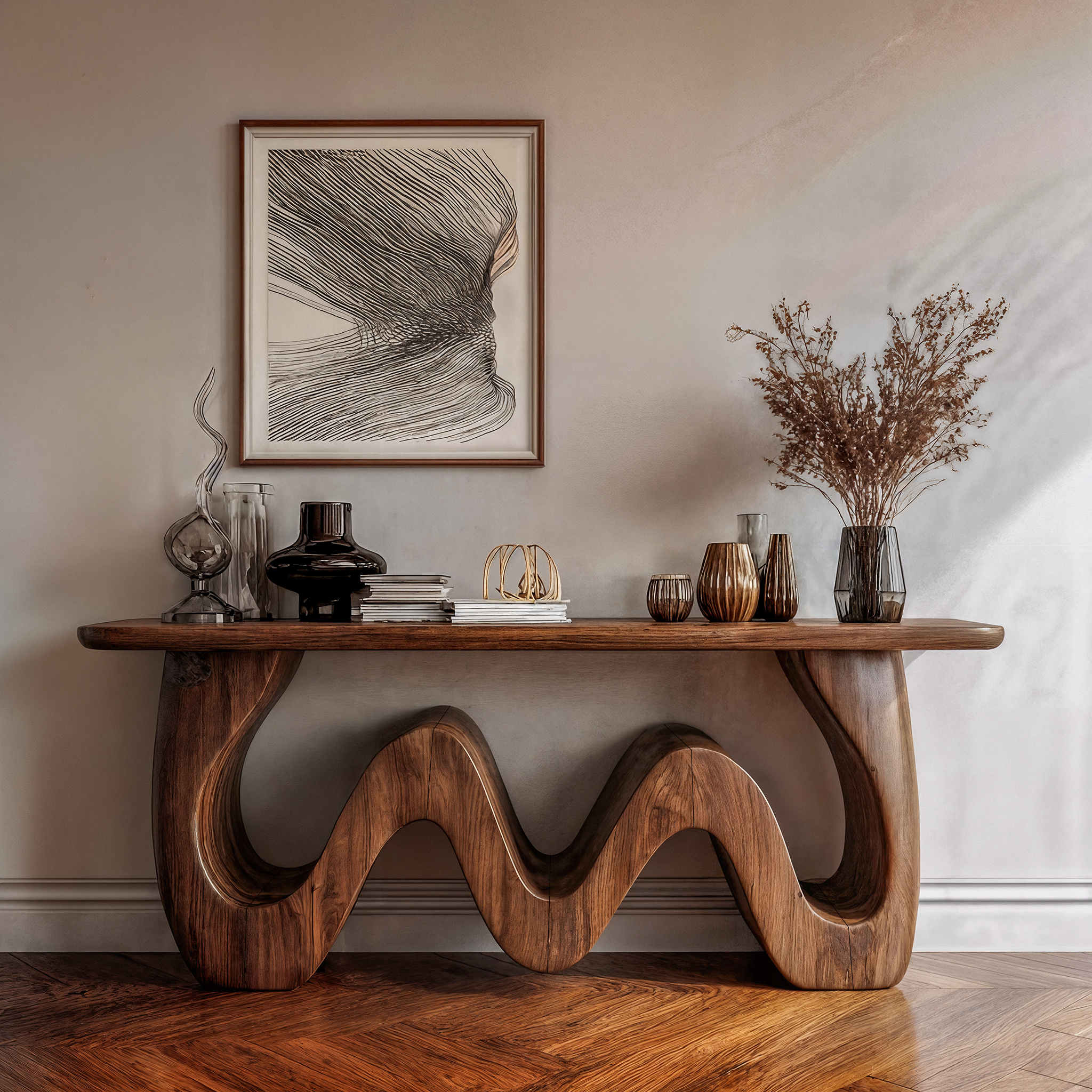 Organic Wave Console Table Solid Wood Bold Sculptural Curve Design Entryway And Living Room SINLKICS559