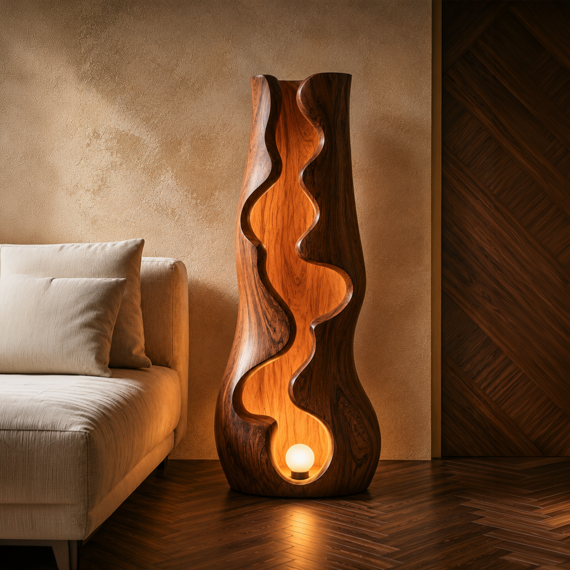 Organic Floor Lamp With Sculptural Wave Wood Design For Living Room And Bedroom SINLKIFLP105