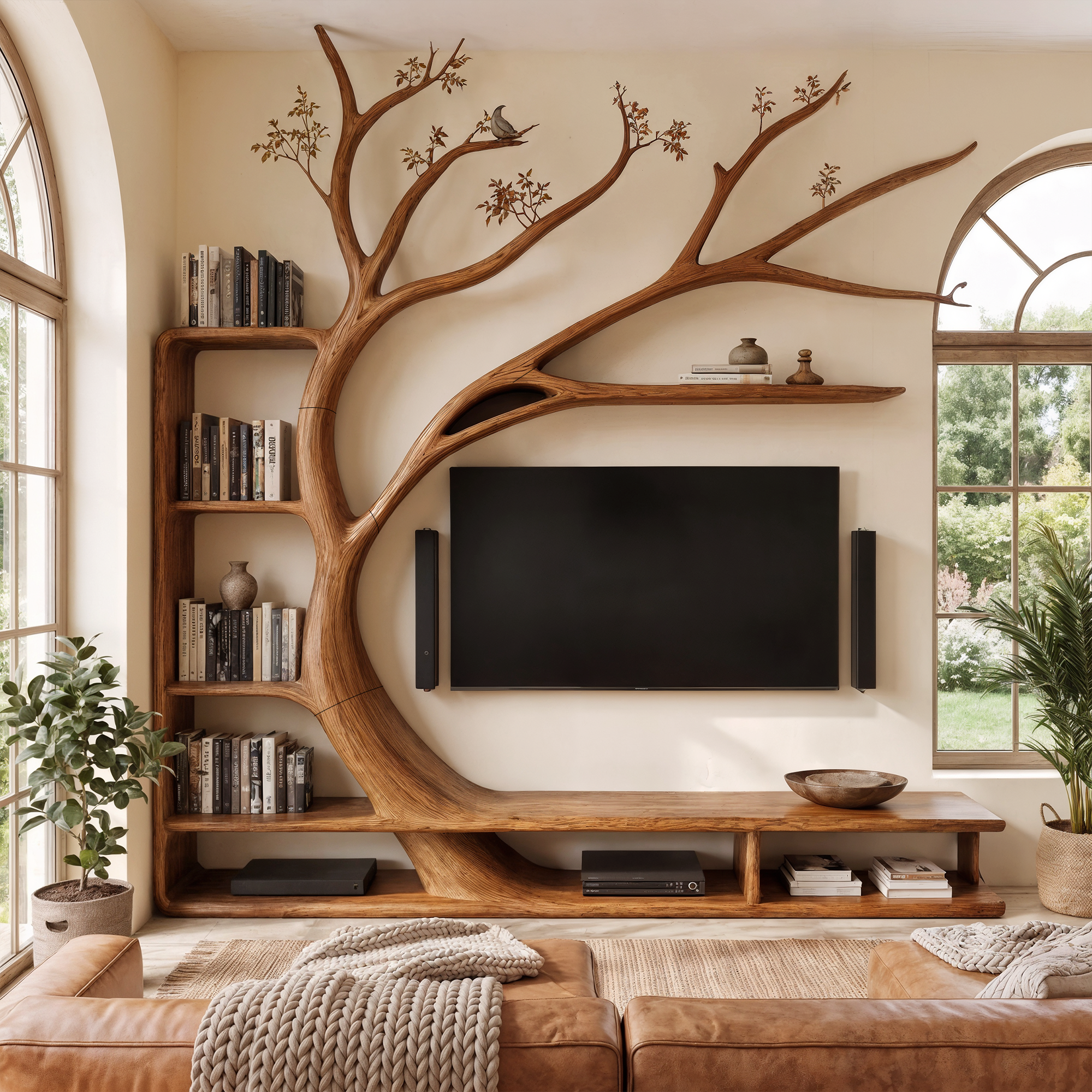 Handcrafted TV Cabinet With Artistic Tree Bookcase For Living Room SINLKITC084