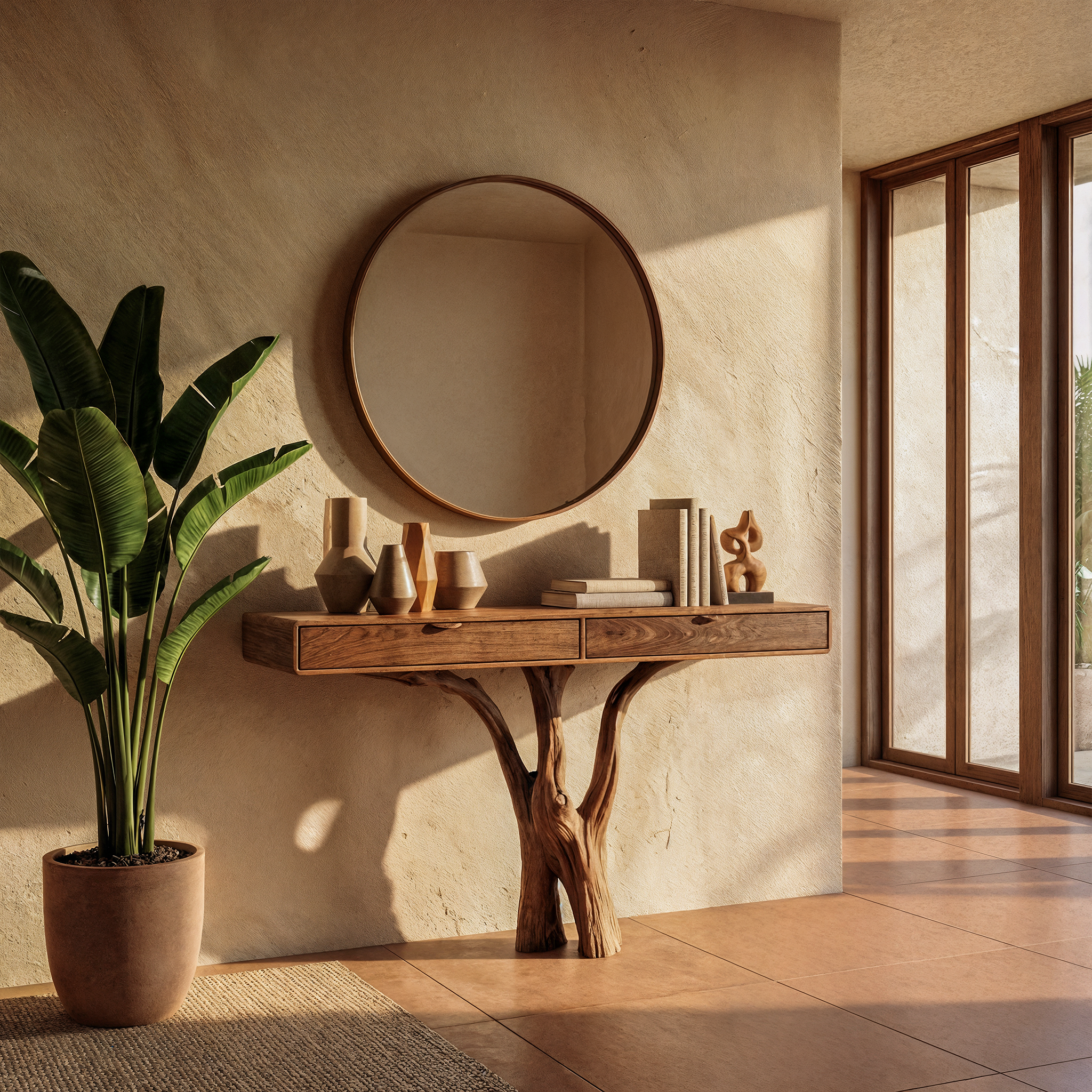 Sculptural Tree Console Table Solid Wood Branch Pedestal Design Living Room And Entryway SINLKICS560