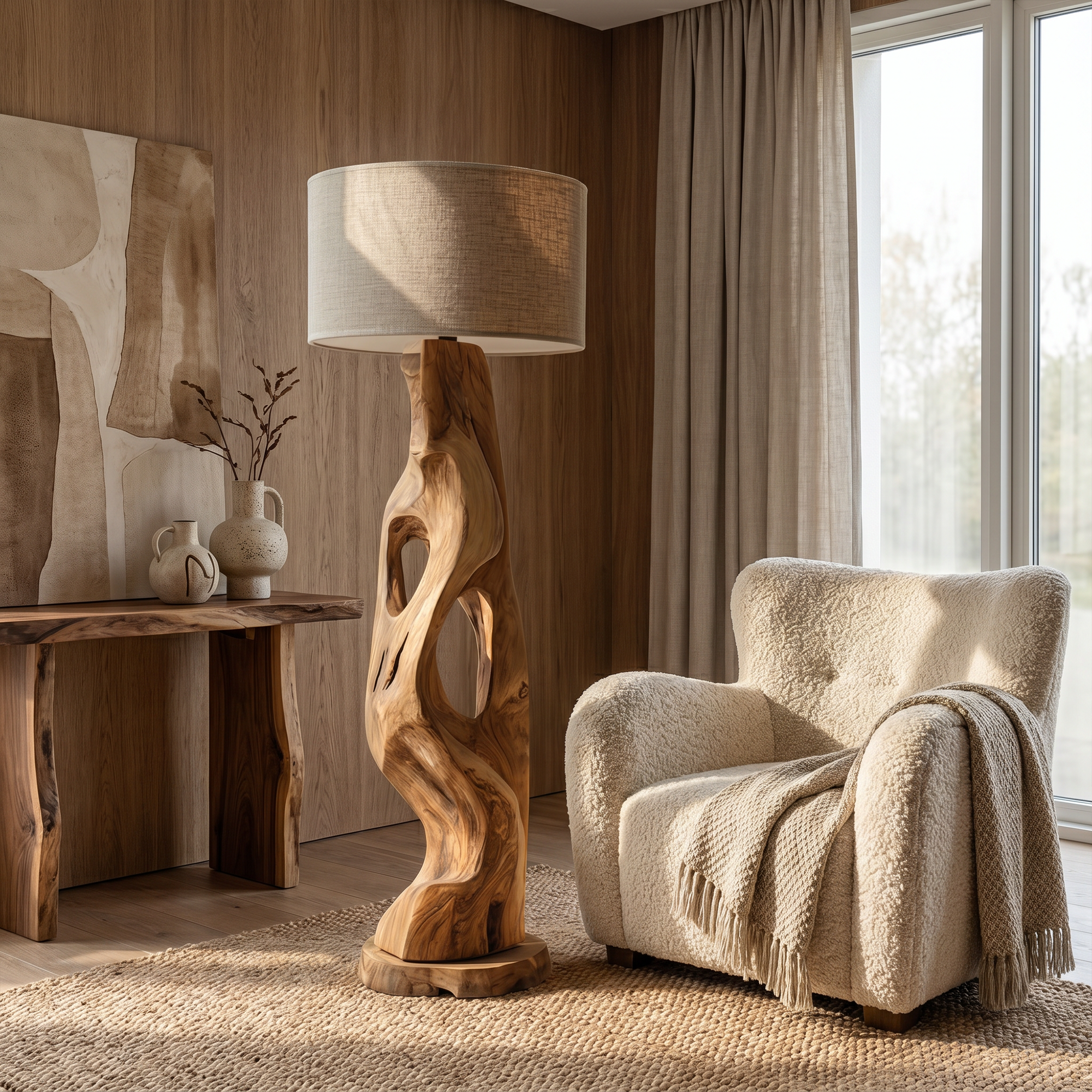Organic Modern Standing Lamp With Artistic Solid Wood Base For Living Room SINLKIFLP090