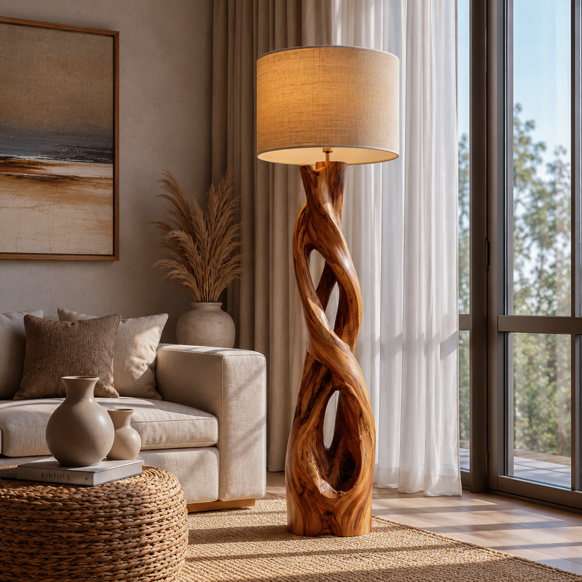 Nature Inspired Floor Lamp With Sculptural Wood Form And Fabric Shade For Living Room SINLKIFLP091