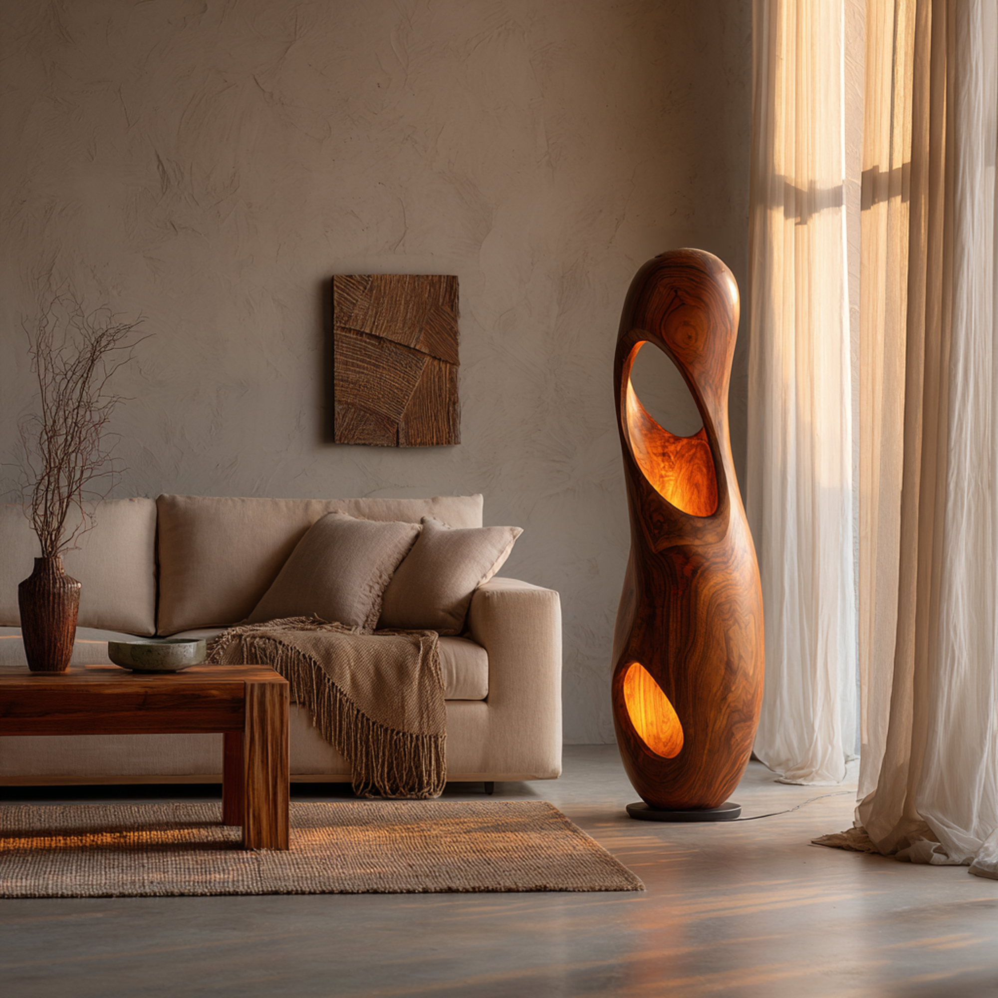 Organic Floor Lamp With Sculptural Hollow Wood Tower Design For Living Room SINLKIFLP093