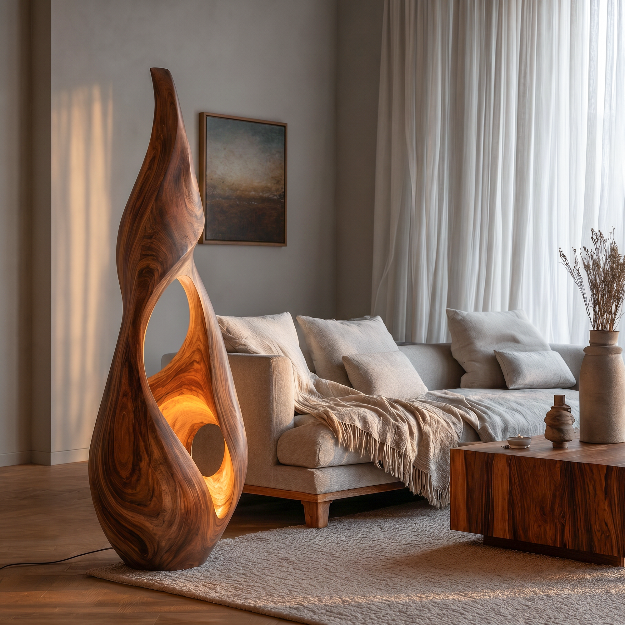 Nature Inspired Floor Lamp With Sculptural Solid Wood Form For Living Room SINLKIFLP094