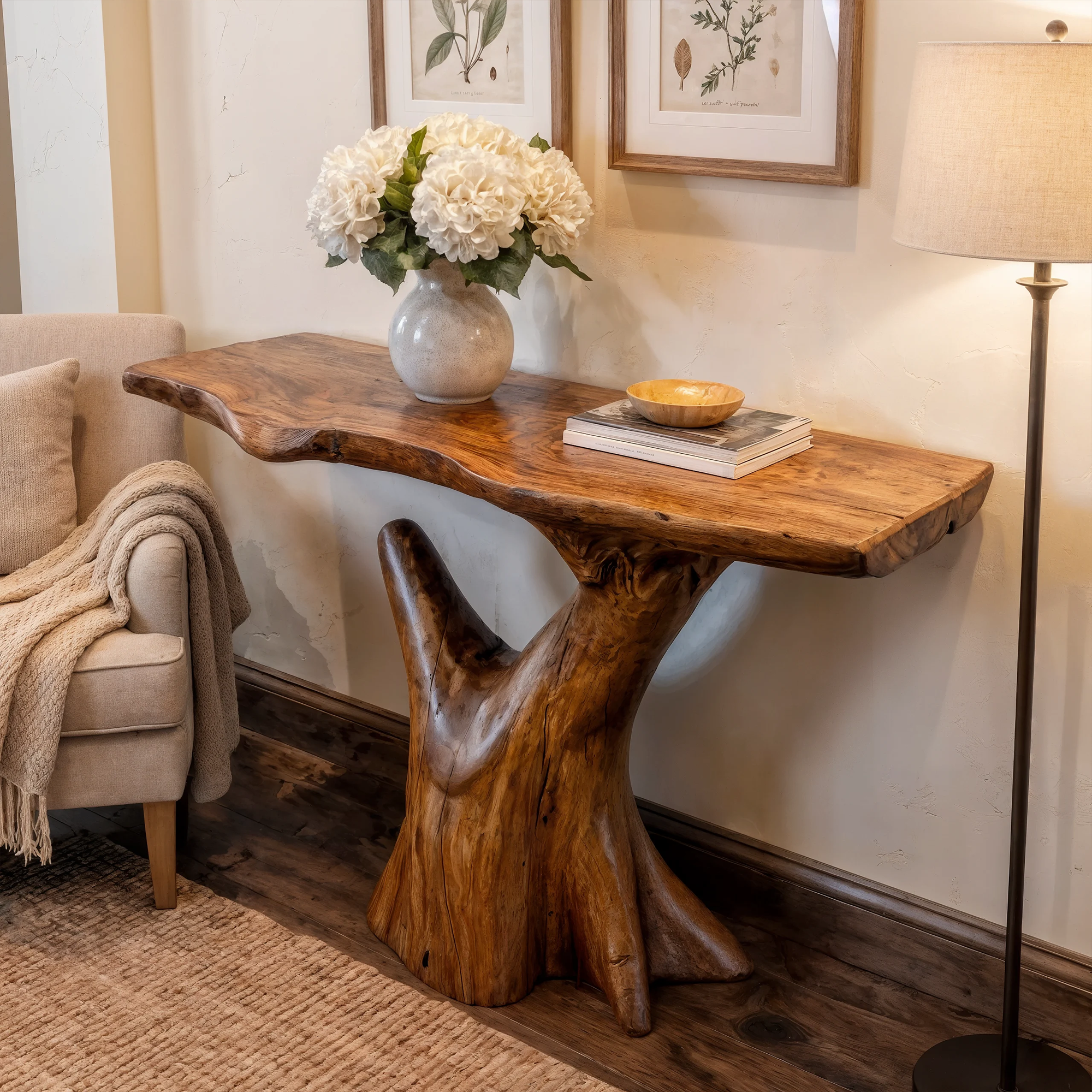Rustic Sculptural Console Table Natural Wood Living Room SINLKICS531