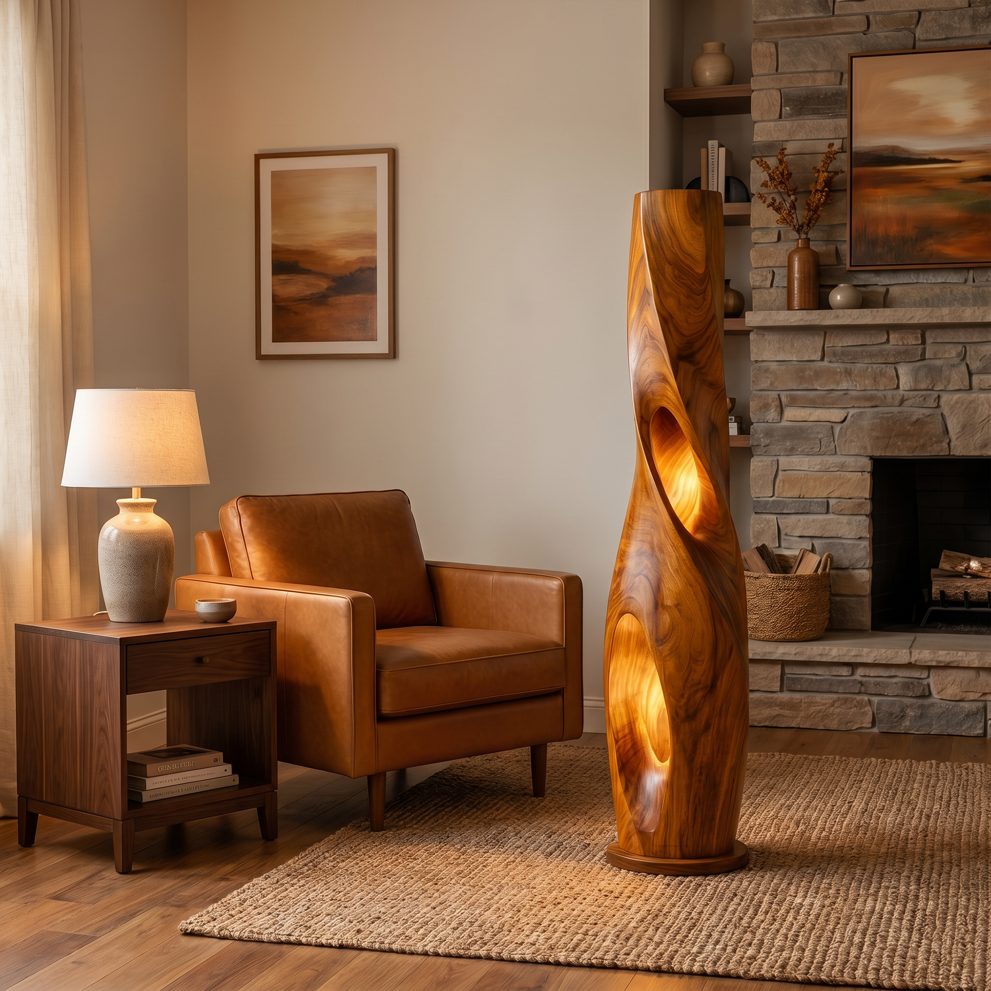 Modern Sculptural Floor Lamp With Hollow Solid Wood Design For Living Room SINLKIFLP095